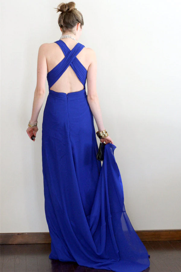 A-line V-neck Halter Floor Length Crossed Back Chiffon Evening Dress - Image 3