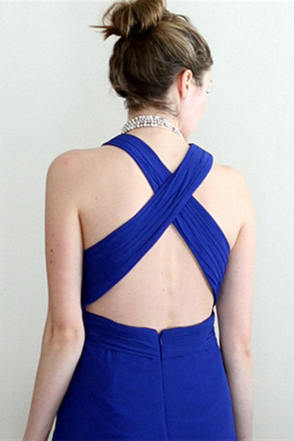 A-line V-neck Halter Floor Length Crossed Back Chiffon Evening Dress - Image 4
