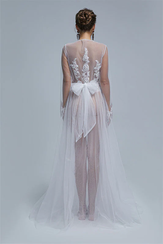 A-line V-neck High Split Tulle Floor-length Long Sleeve Appliques Lace Wedding Dress Cover - Image 2