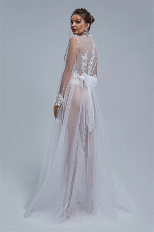 A-line V-neck High Split Tulle Floor-length Long Sleeve Appliques Lace Wedding Dress Cover - Image 3