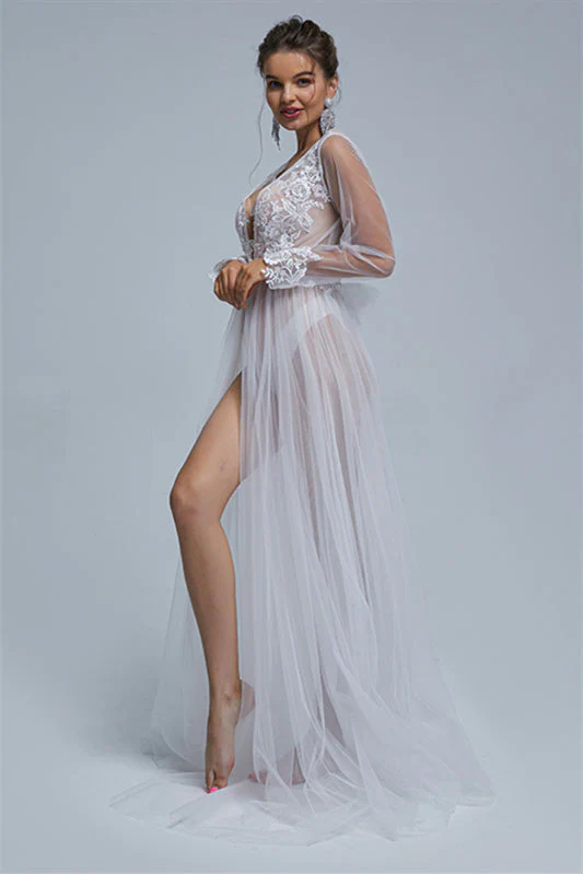 A-line V-neck High Split Tulle Floor-length Long Sleeve Appliques Lace Wedding Dress Cover - Image 4