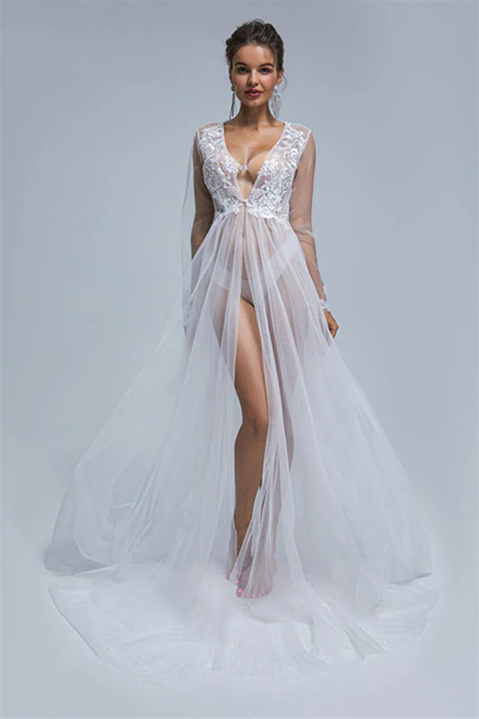 A-line V-neck High Split Tulle Floor-length Long Sleeve Appliques Lace Wedding Dress Cover - Image 7