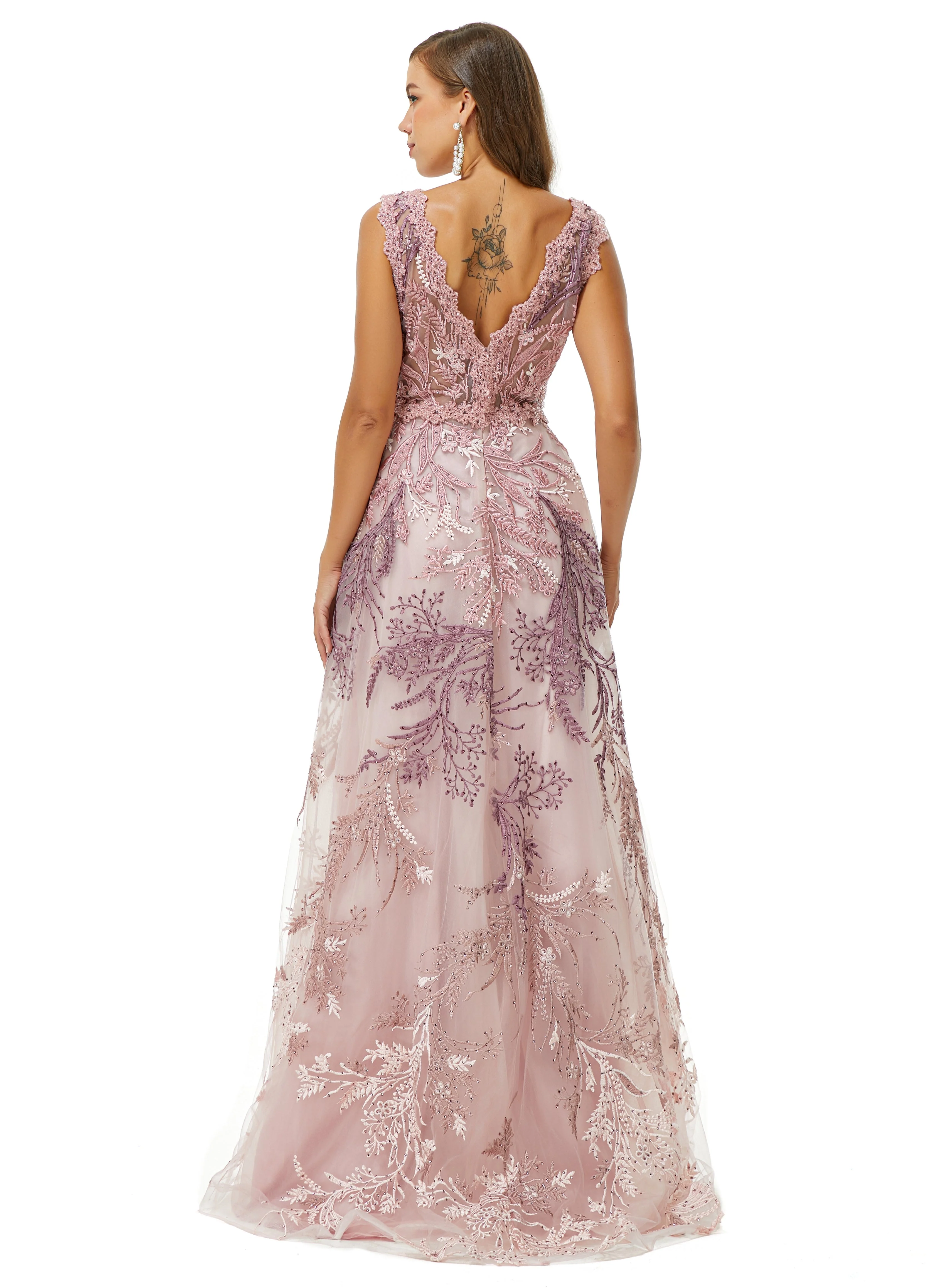 A-line V-neck Lace Beaded Applique Floor-length Sleeveless Prom Dress - Image 2