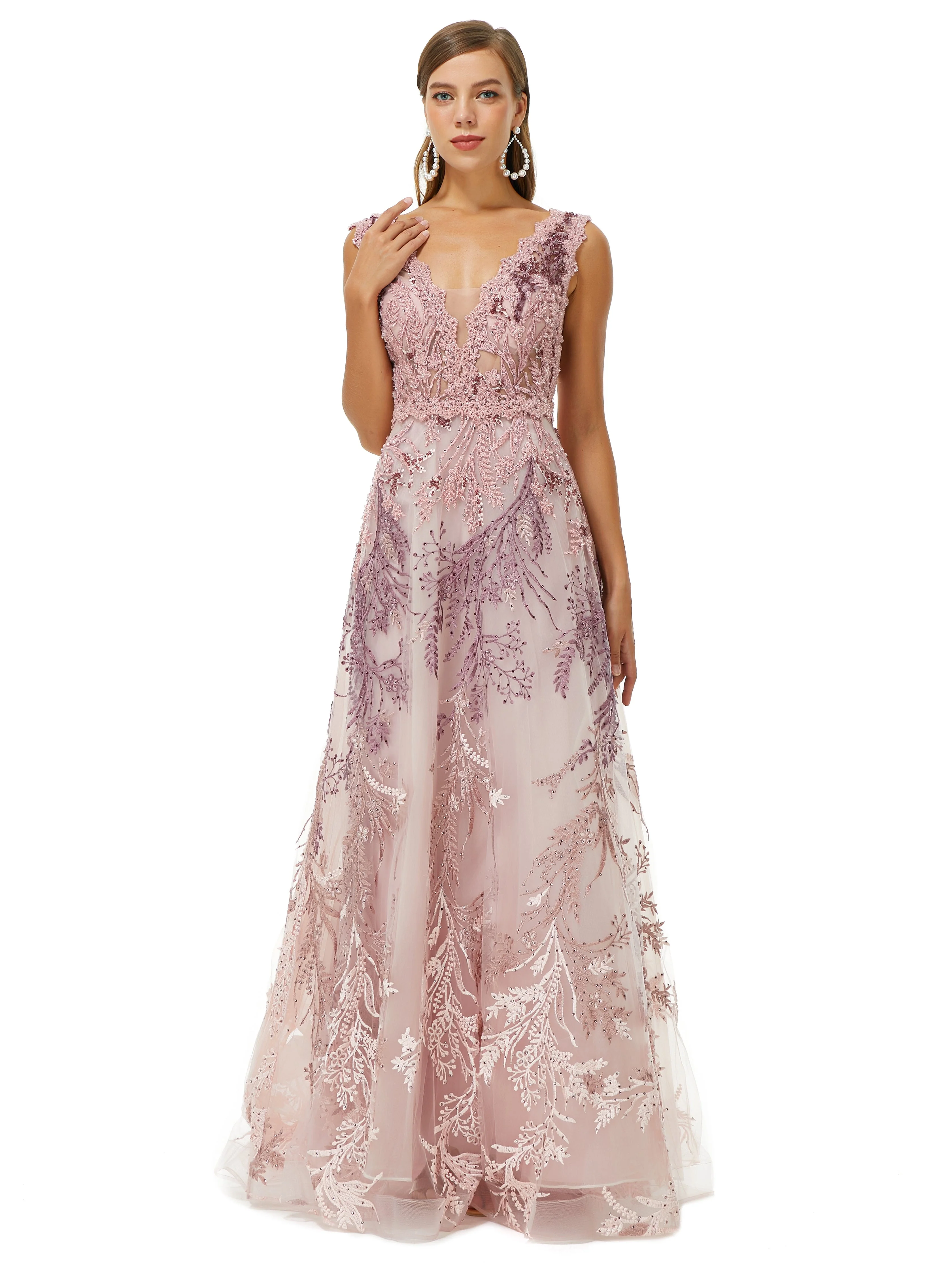 A-line V-neck Lace Beaded Applique Floor-length Sleeveless Prom Dress - Image 3