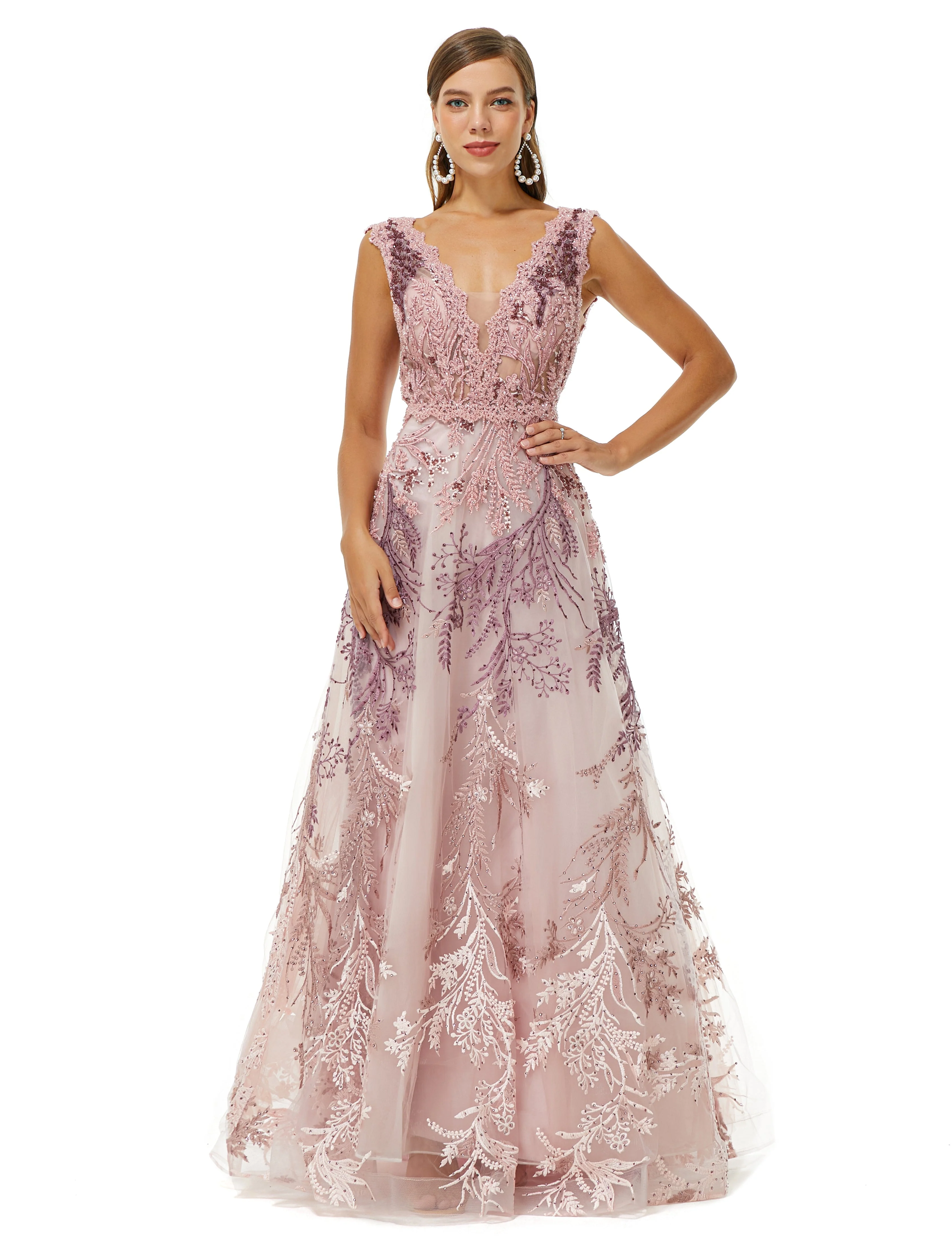 A-line V-neck Lace Beaded Applique Floor-length Sleeveless Prom Dress - Image 4