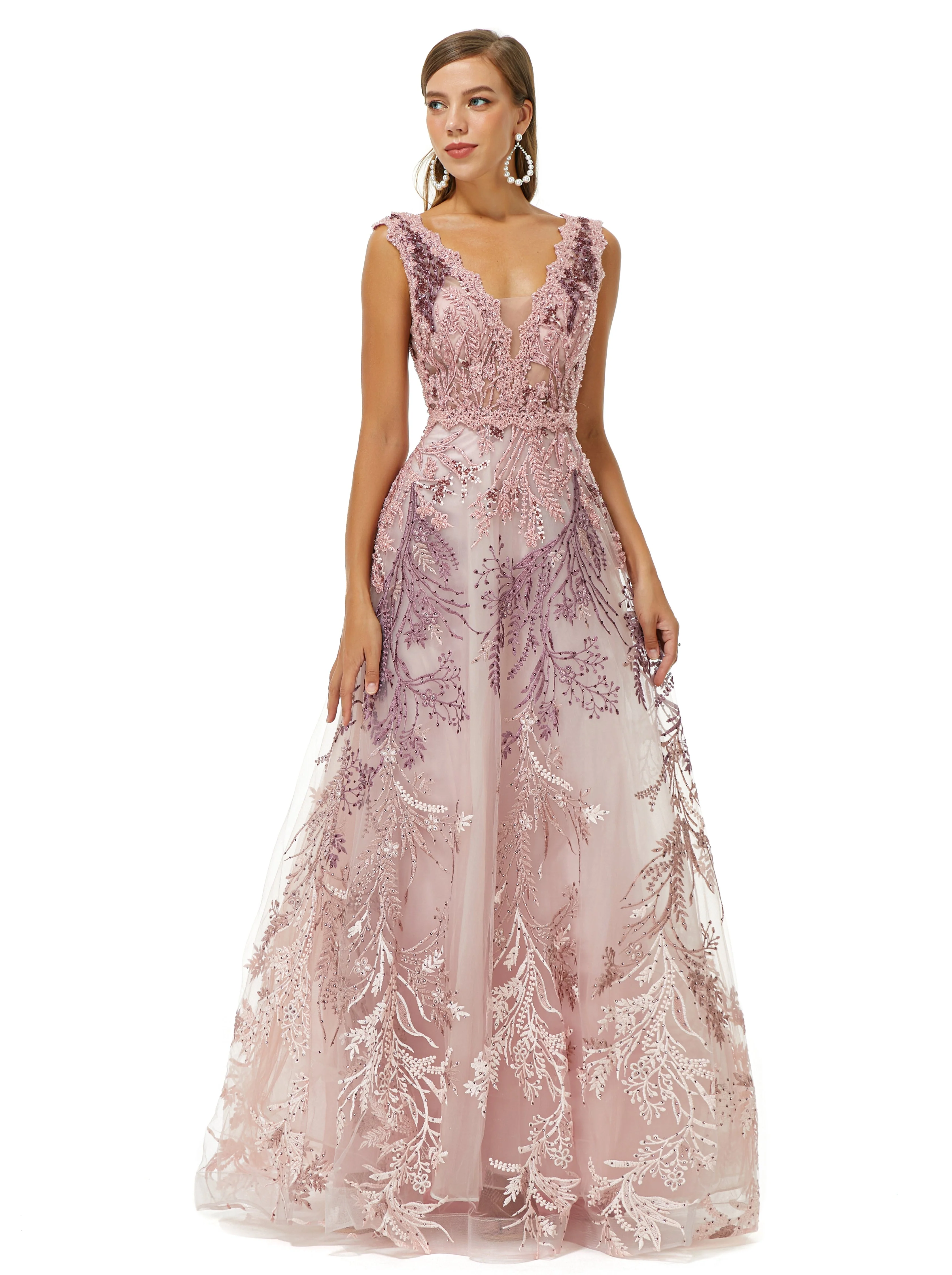 A-line V-neck Lace Beaded Applique Floor-length Sleeveless Prom Dress - Image 5
