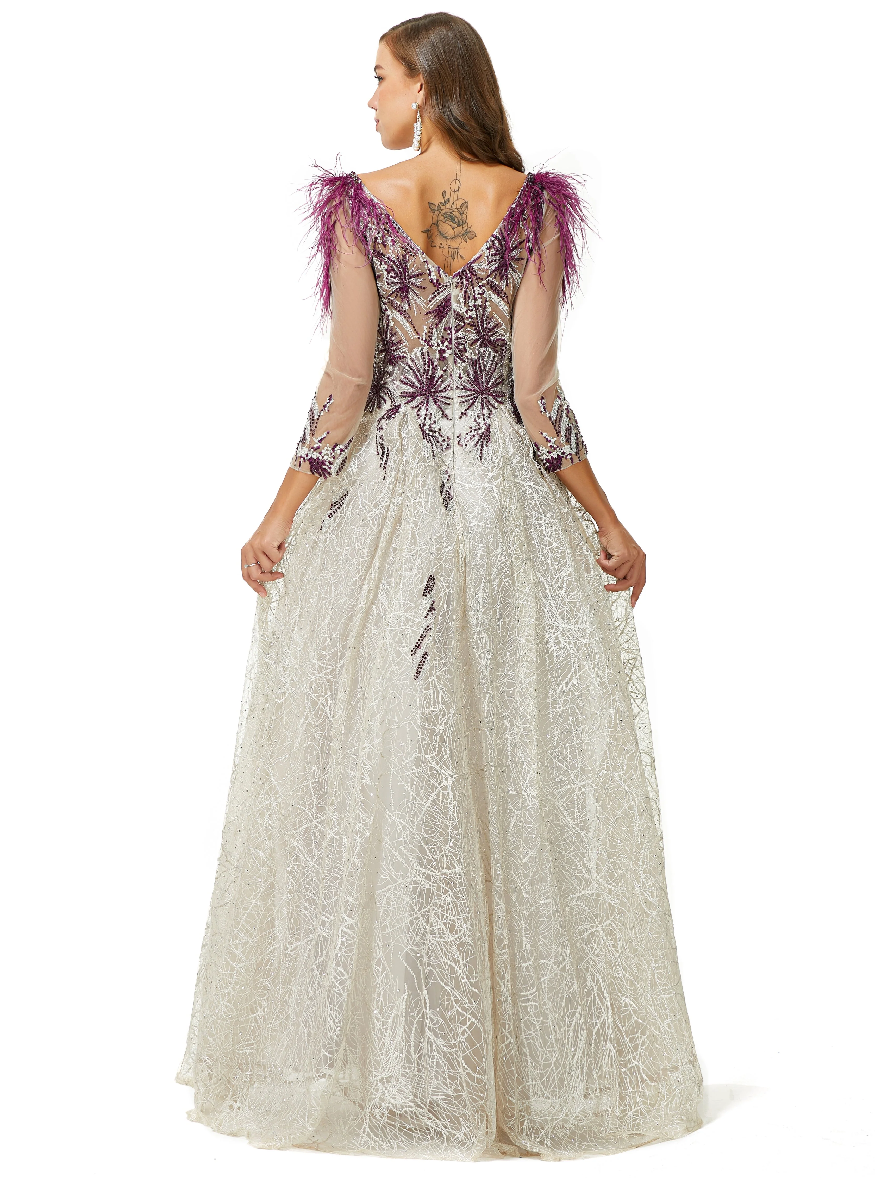 A-line V-neck Lace Floor-length Long Sleeve Open Back Beading Prom Dress - Image 2