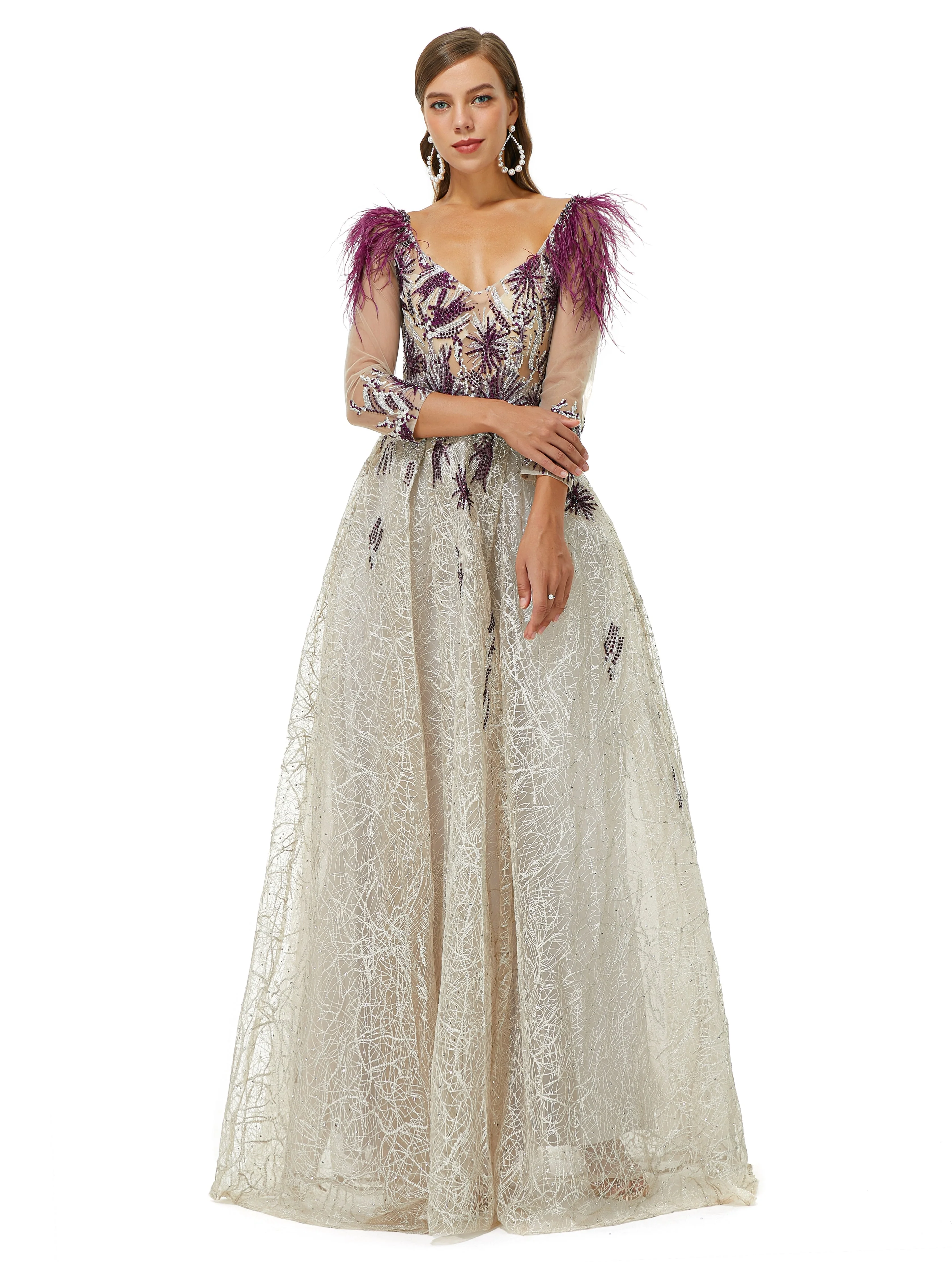 A-line V-neck Lace Floor-length Long Sleeve Open Back Beading Prom Dress - Image 3