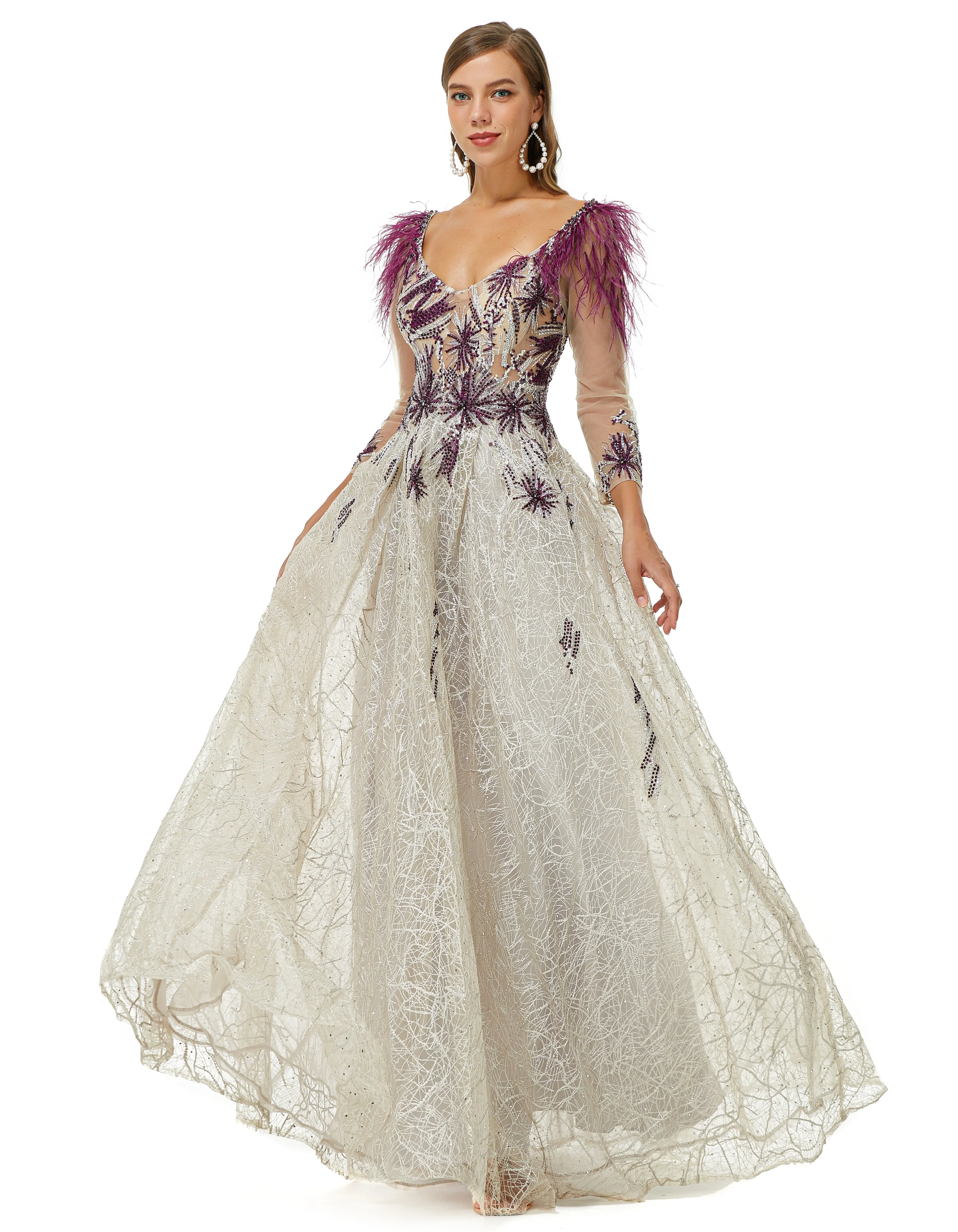 A-line V-neck Lace Floor-length Long Sleeve Open Back Beading Prom Dress - Image 4