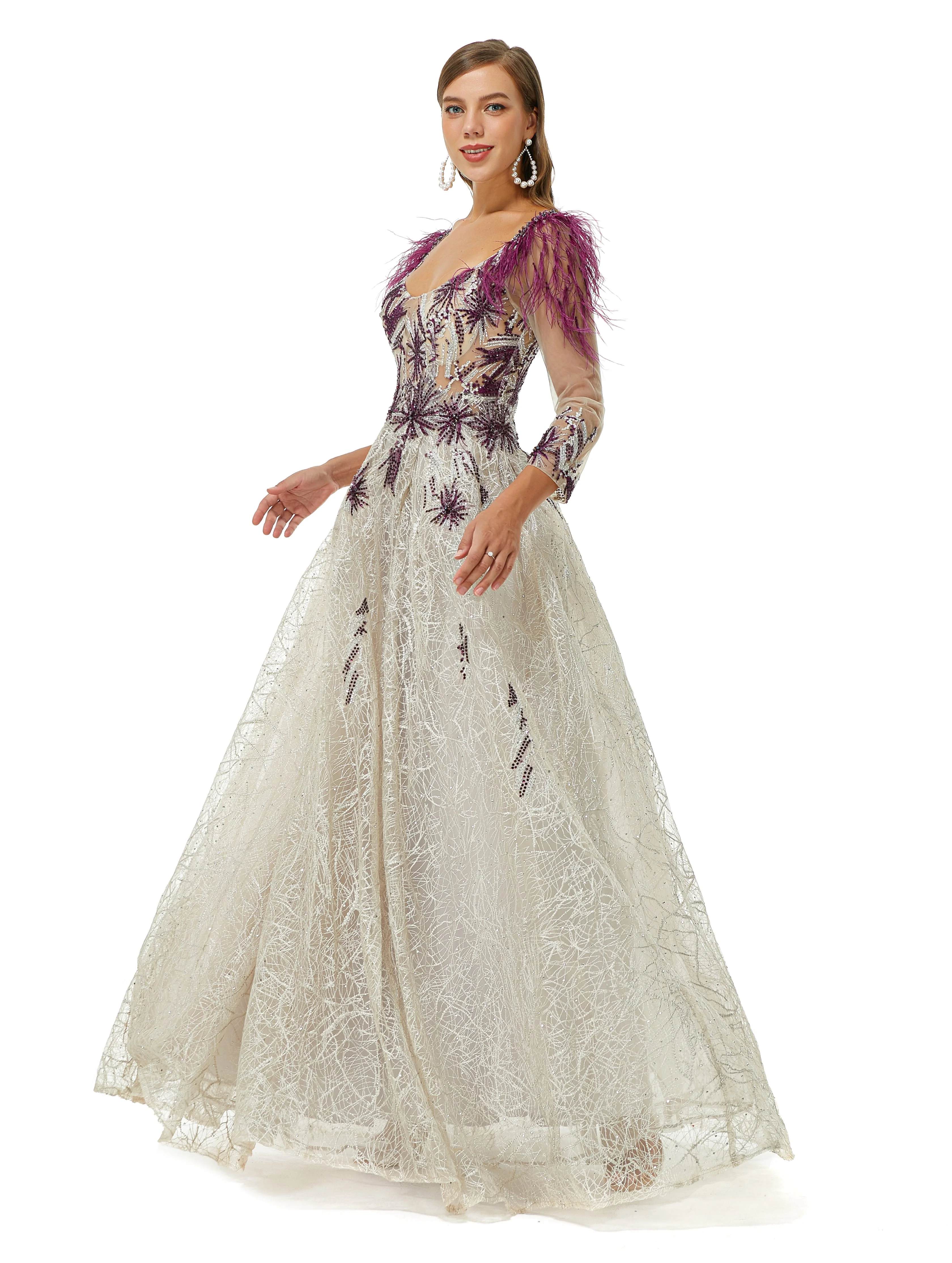 A-line V-neck Lace Floor-length Long Sleeve Open Back Beading Prom Dress - Image 5