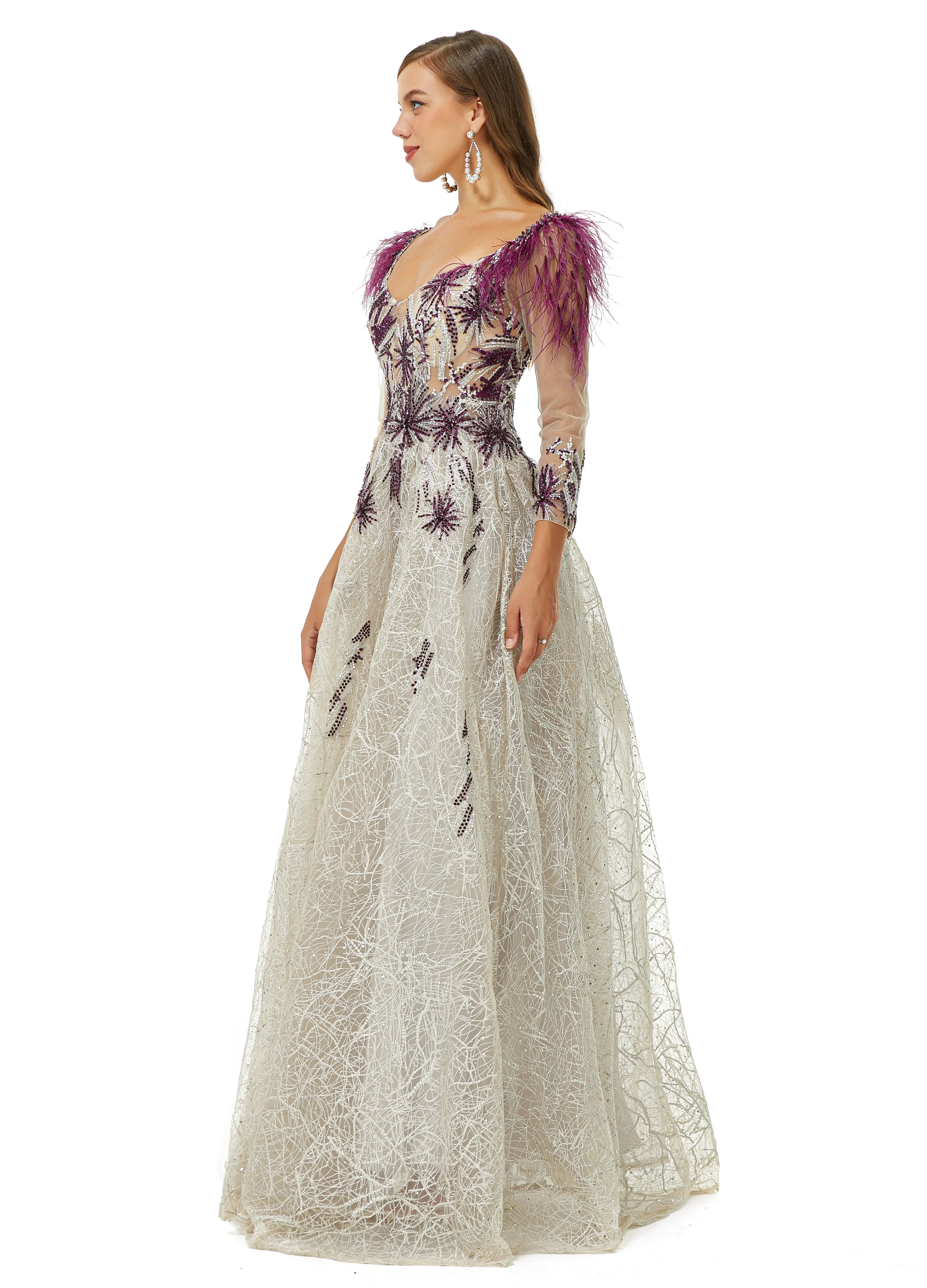 A-line V-neck Lace Floor-length Long Sleeve Open Back Beading Prom Dress - Image 6