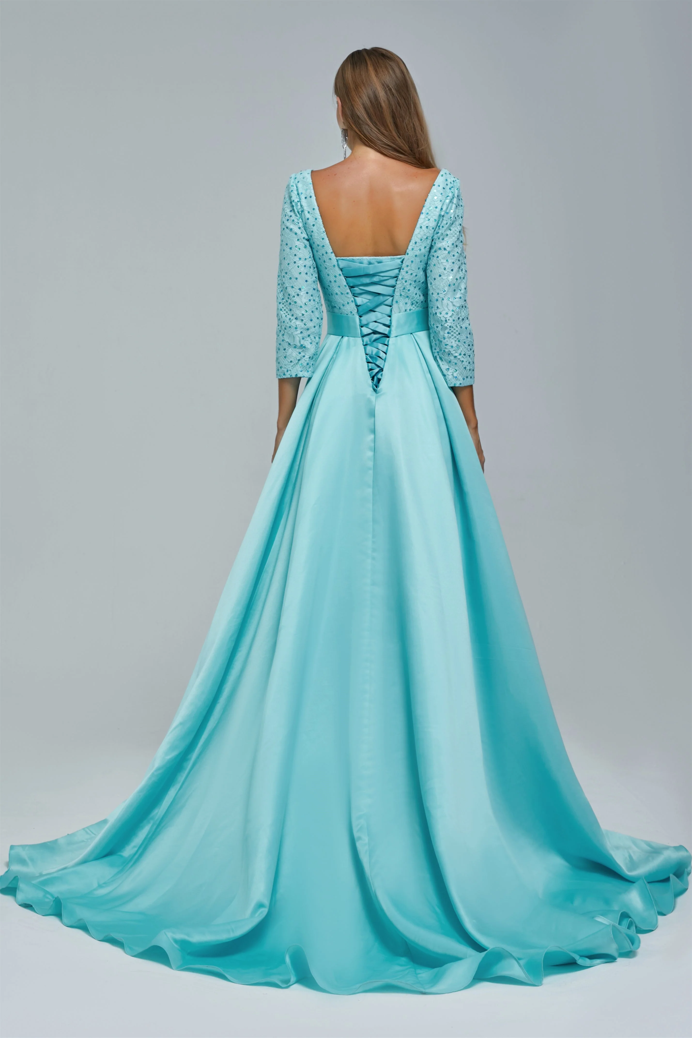A-line V-neck Long sleeves Floor-length Backless High Split Satin Lace Crystal Detailing Beautiful Prom Dress - Image 2