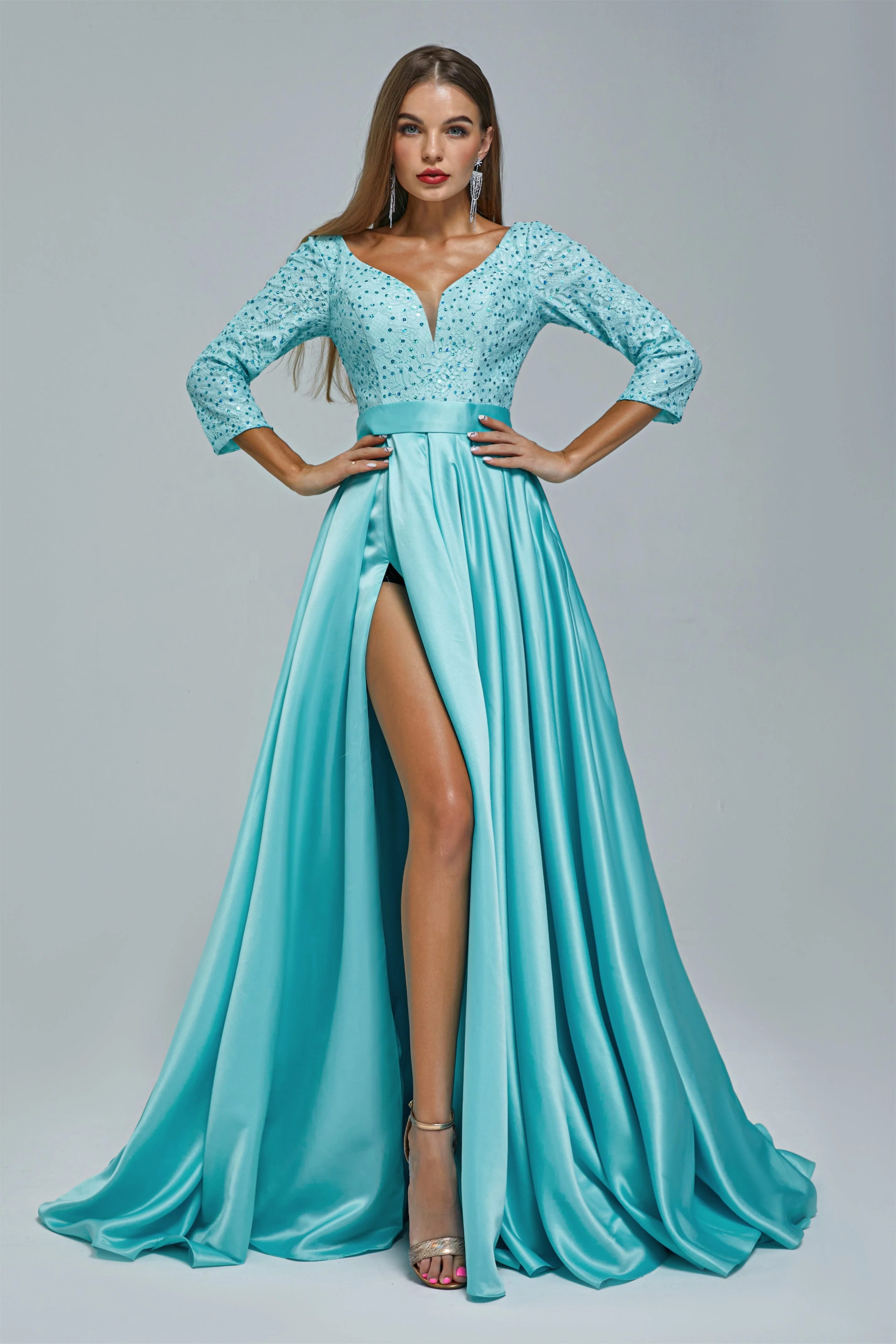 A-line V-neck Long sleeves Floor-length Backless High Split Satin Lace Crystal Detailing Beautiful Prom Dress - Image 3
