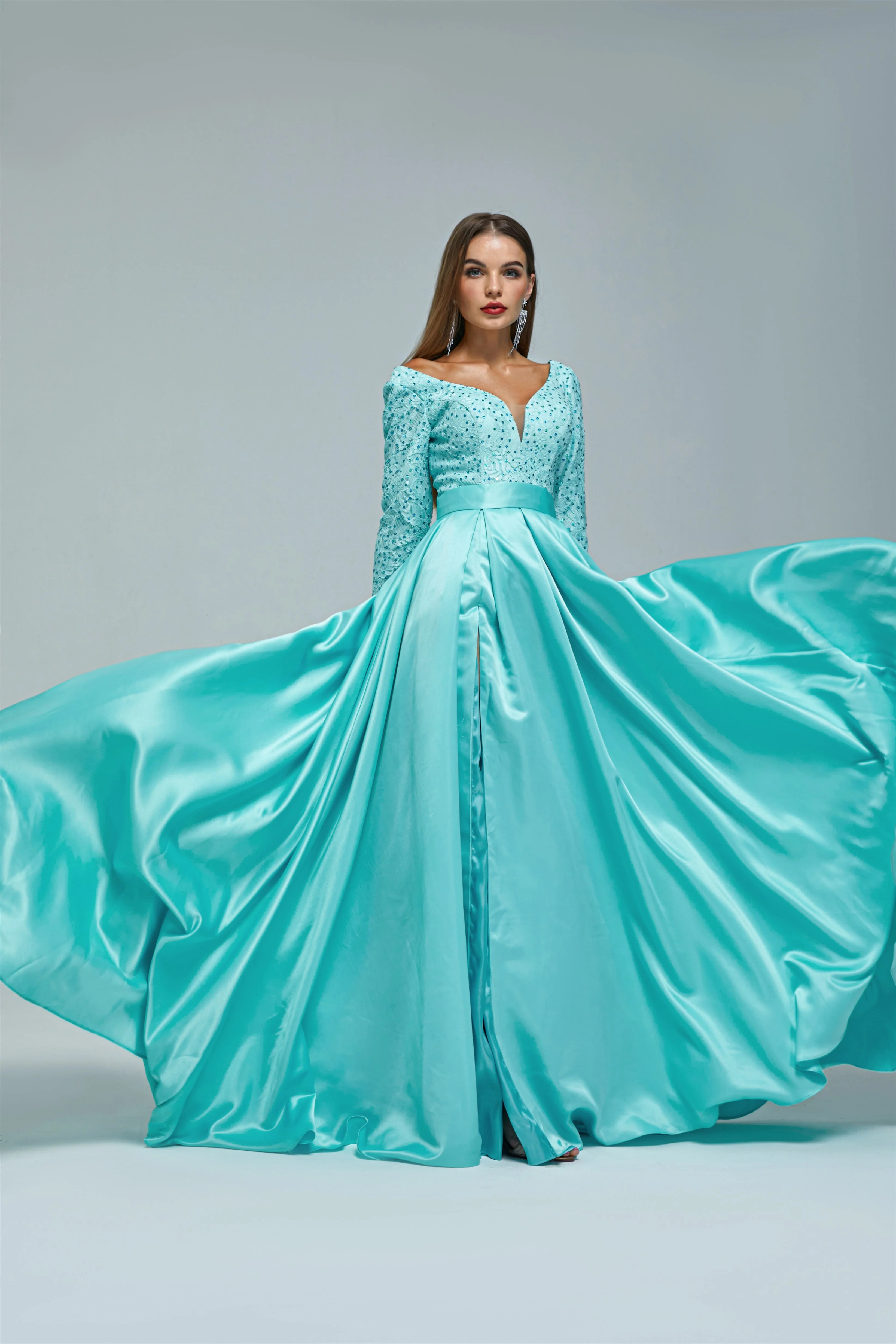 A-line V-neck Long sleeves Floor-length Backless High Split Satin Lace Crystal Detailing Beautiful Prom Dress - Image 6