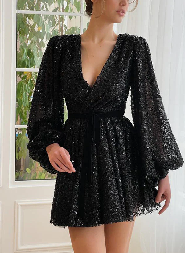 A-Line V-Neck Long Sleeves Short/Mini Sequined Homecoming Dresses - Image 2