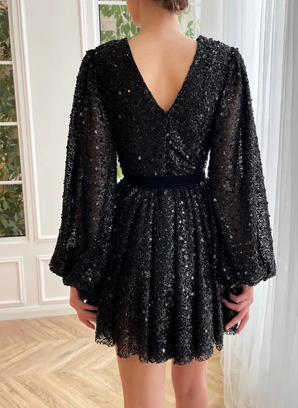 A-Line V-Neck Long Sleeves Short/Mini Sequined Homecoming Dresses - Image 4
