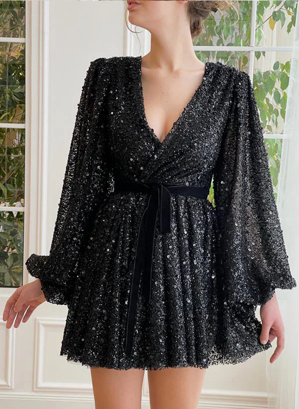 A-Line V-Neck Long Sleeves Short/Mini Sequined Homecoming Dresses - Image 5