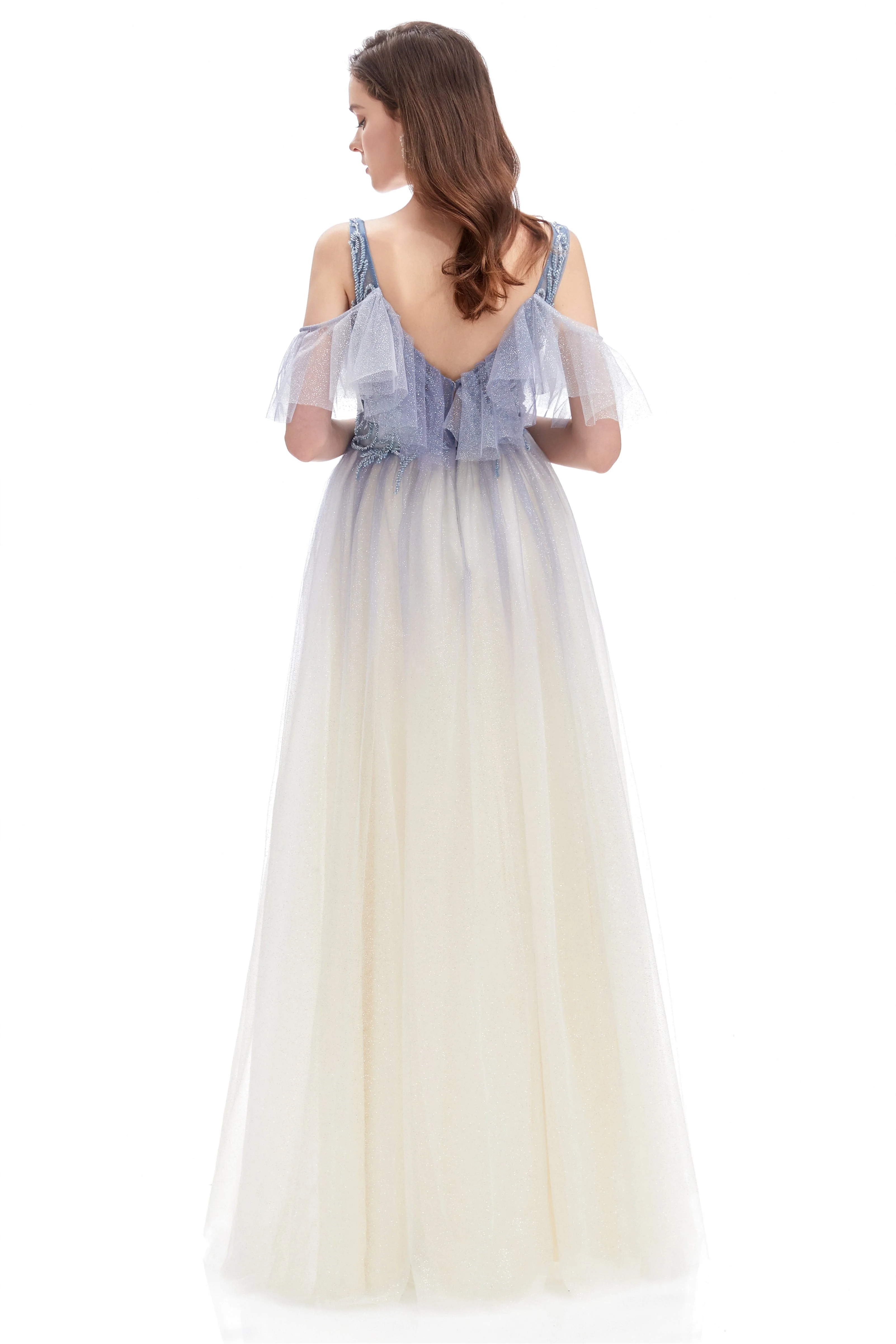A-line V-neck Sequined Floor-length Off-the-shoulder Beaded Applique Open Back Prom Dress - Image 2