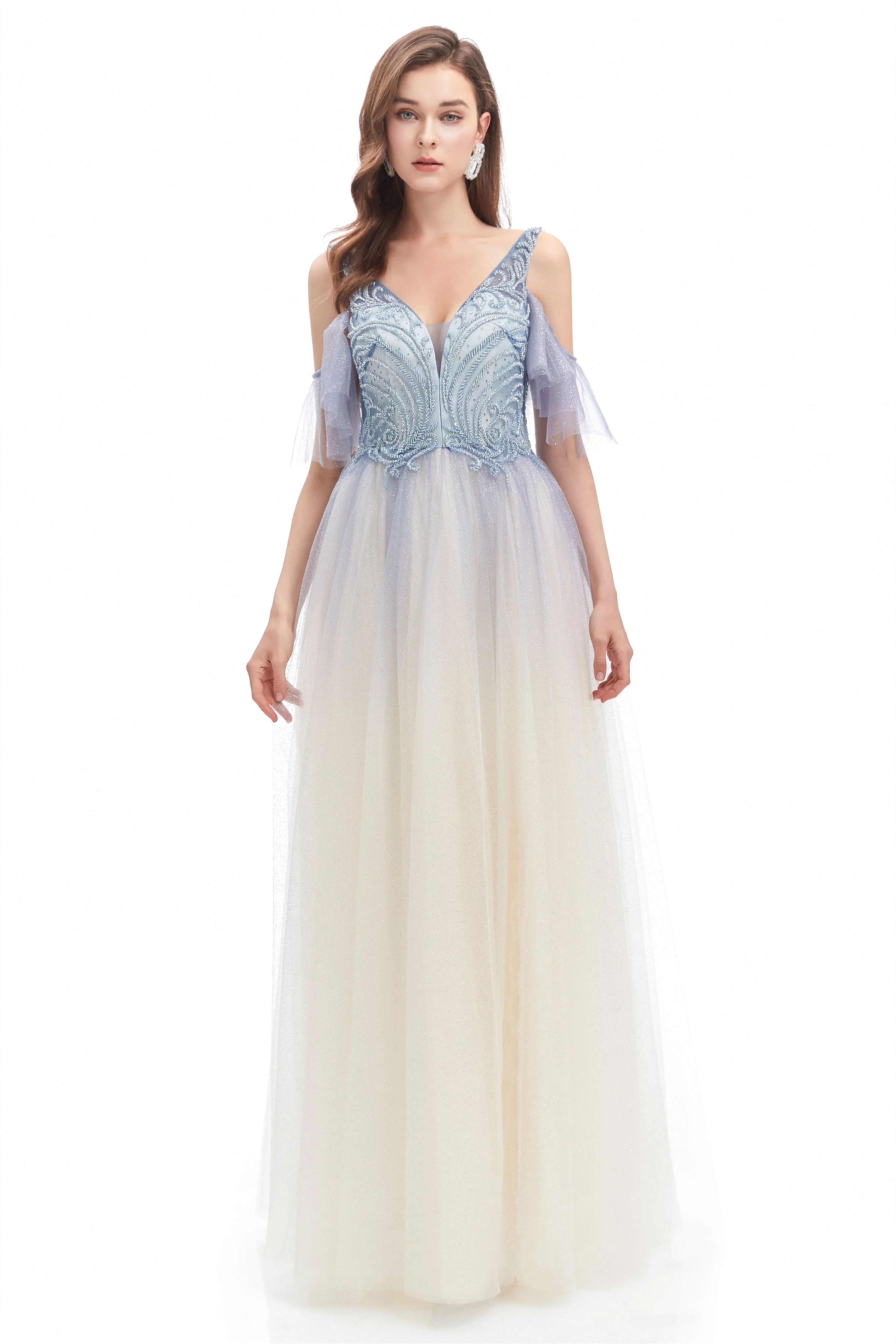 A-line V-neck Sequined Floor-length Off-the-shoulder Beaded Applique Open Back Prom Dress - Image 3