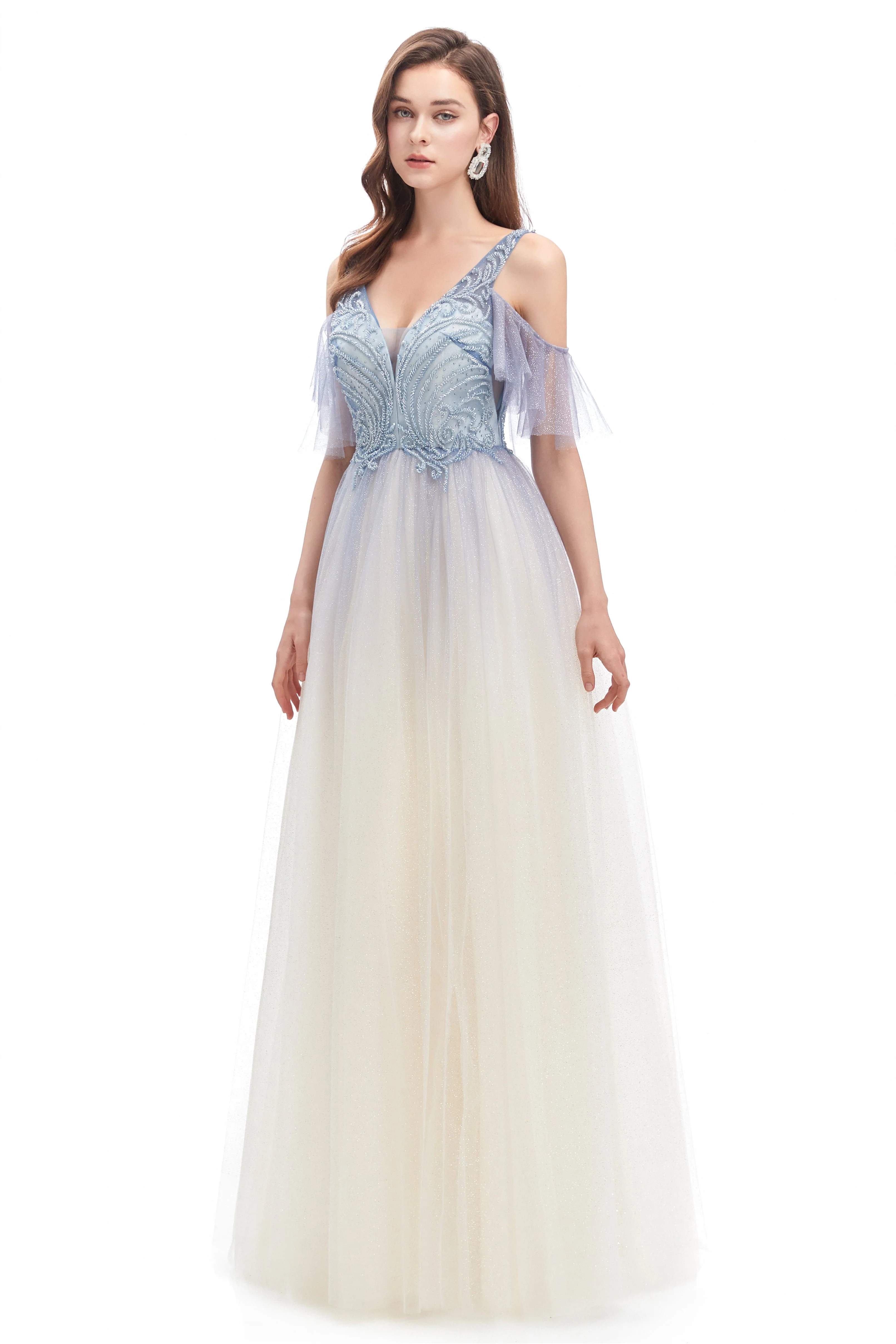 A-line V-neck Sequined Floor-length Off-the-shoulder Beaded Applique Open Back Prom Dress - Image 4