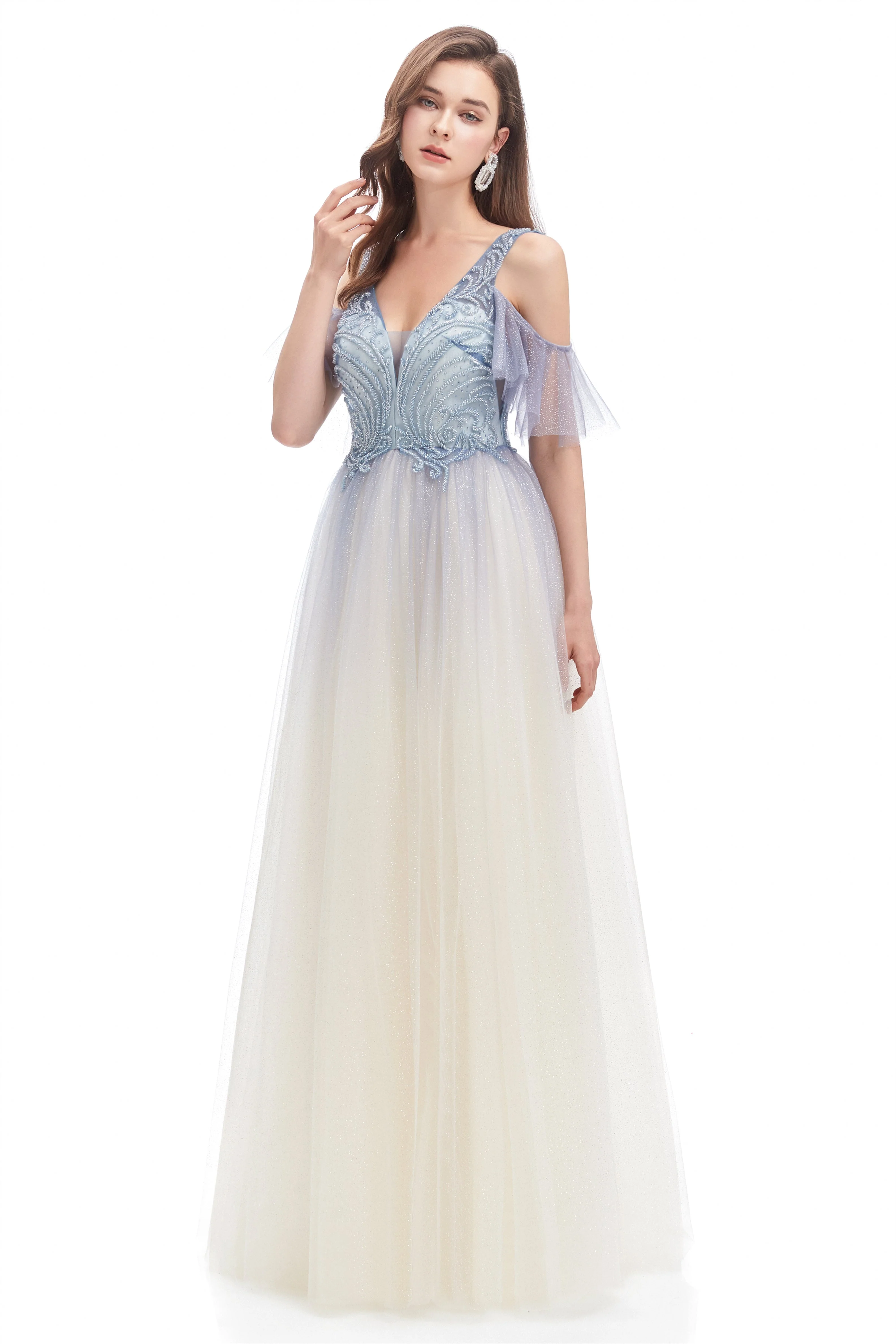 A-line V-neck Sequined Floor-length Off-the-shoulder Beaded Applique Open Back Prom Dress - Image 5