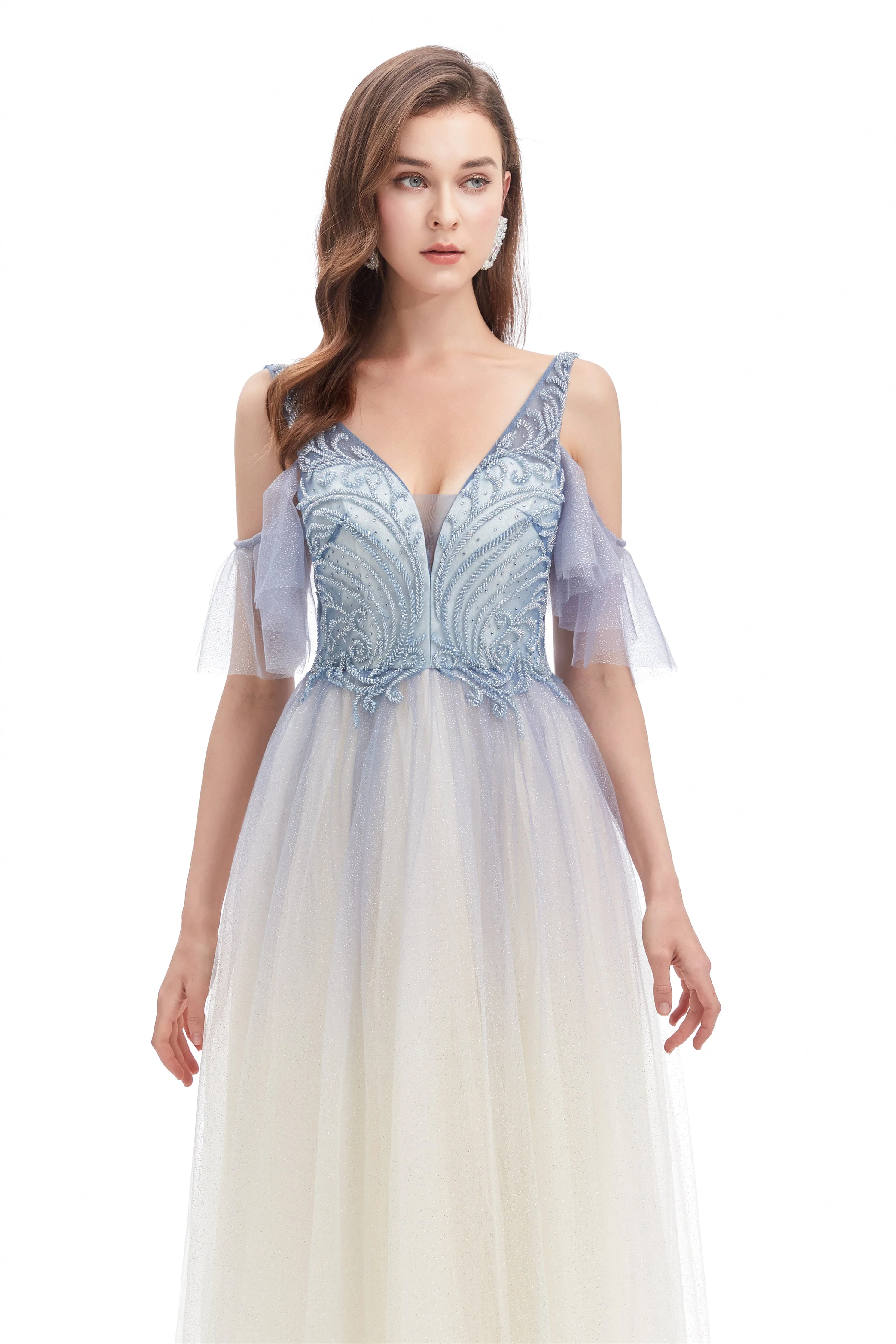 A-line V-neck Sequined Floor-length Off-the-shoulder Beaded Applique Open Back Prom Dress - Image 6