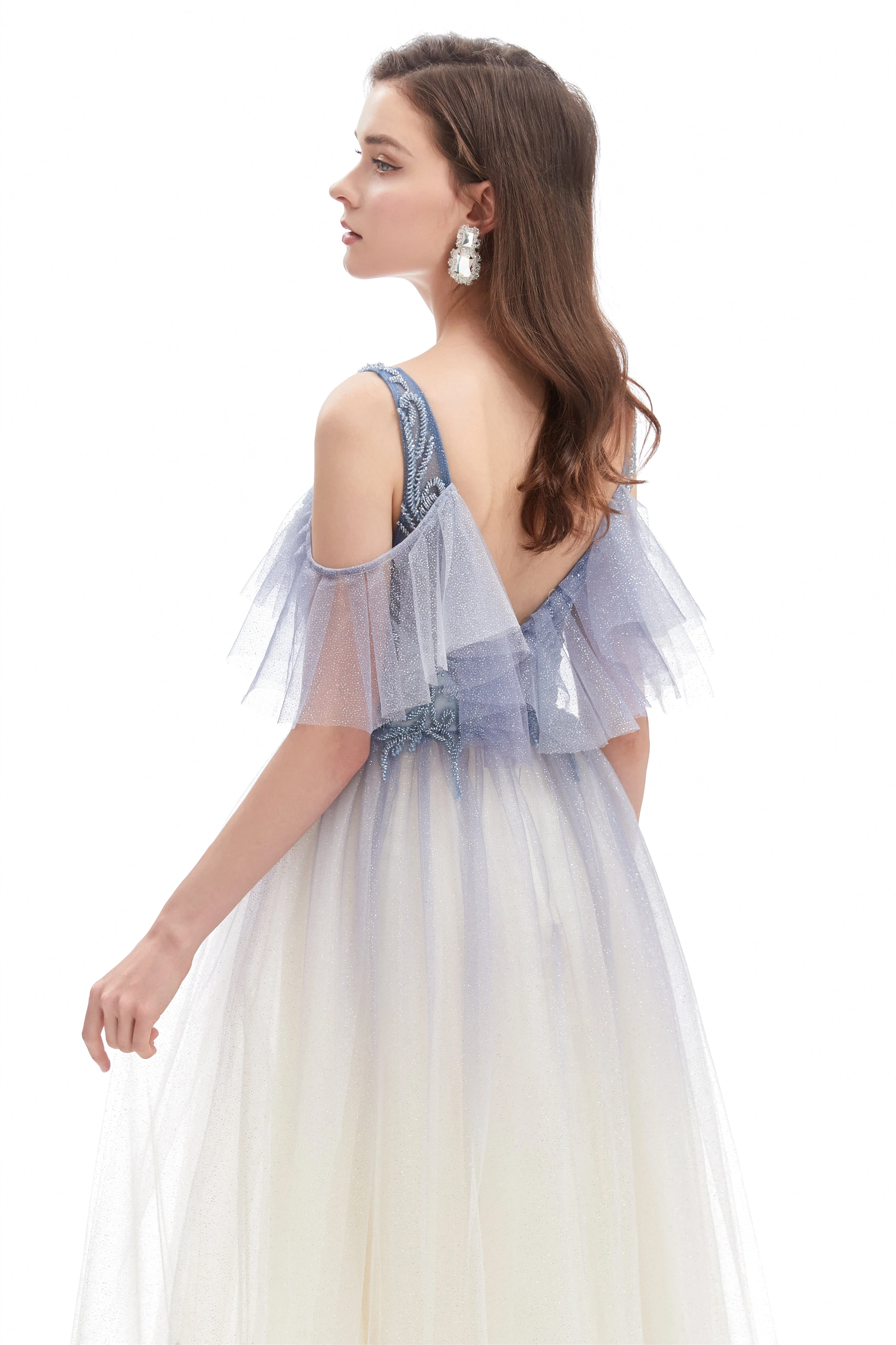A-line V-neck Sequined Floor-length Off-the-shoulder Beaded Applique Open Back Prom Dress - Image 7