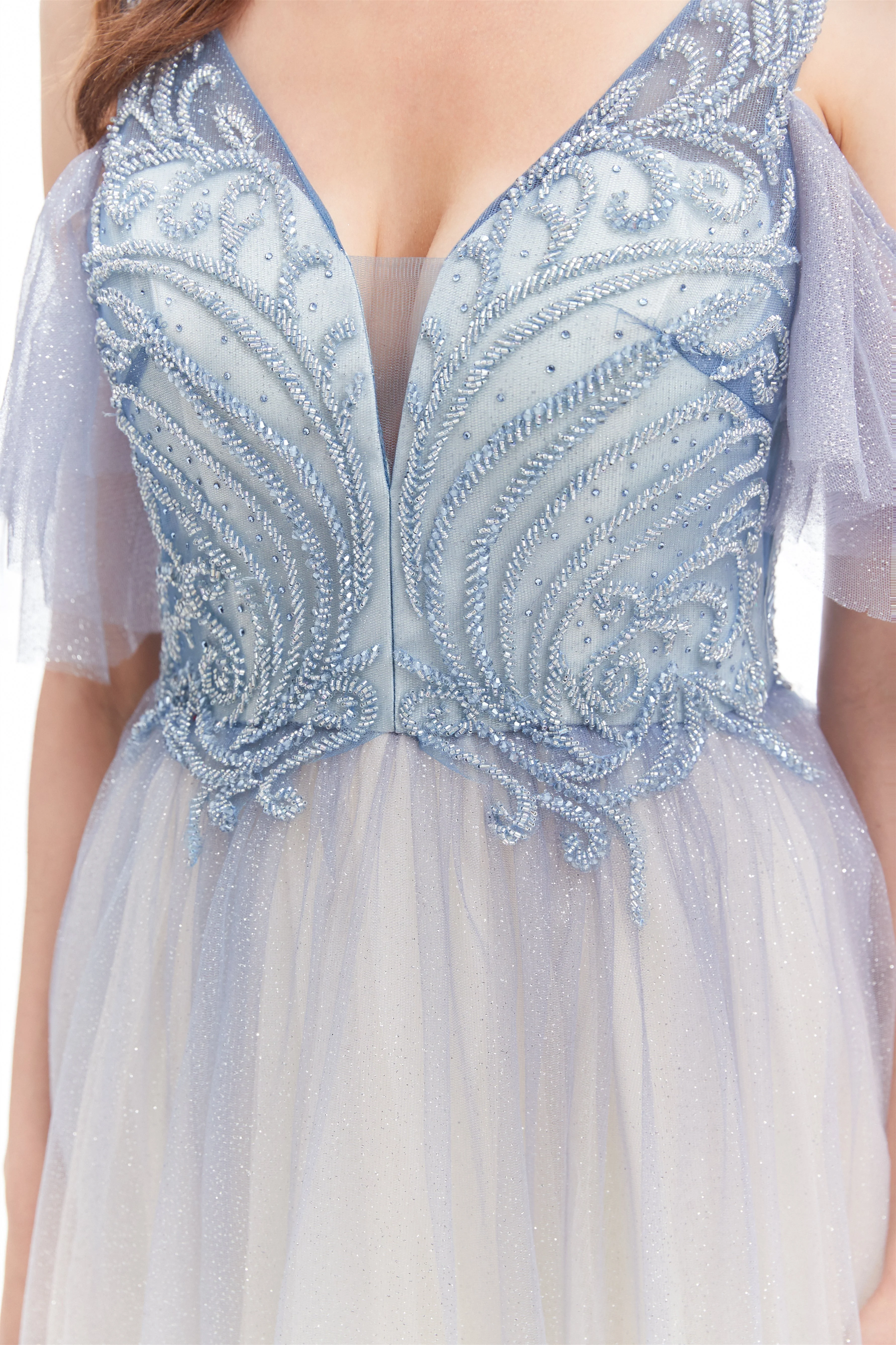 A-line V-neck Sequined Floor-length Off-the-shoulder Beaded Applique Open Back Prom Dress - Image 8