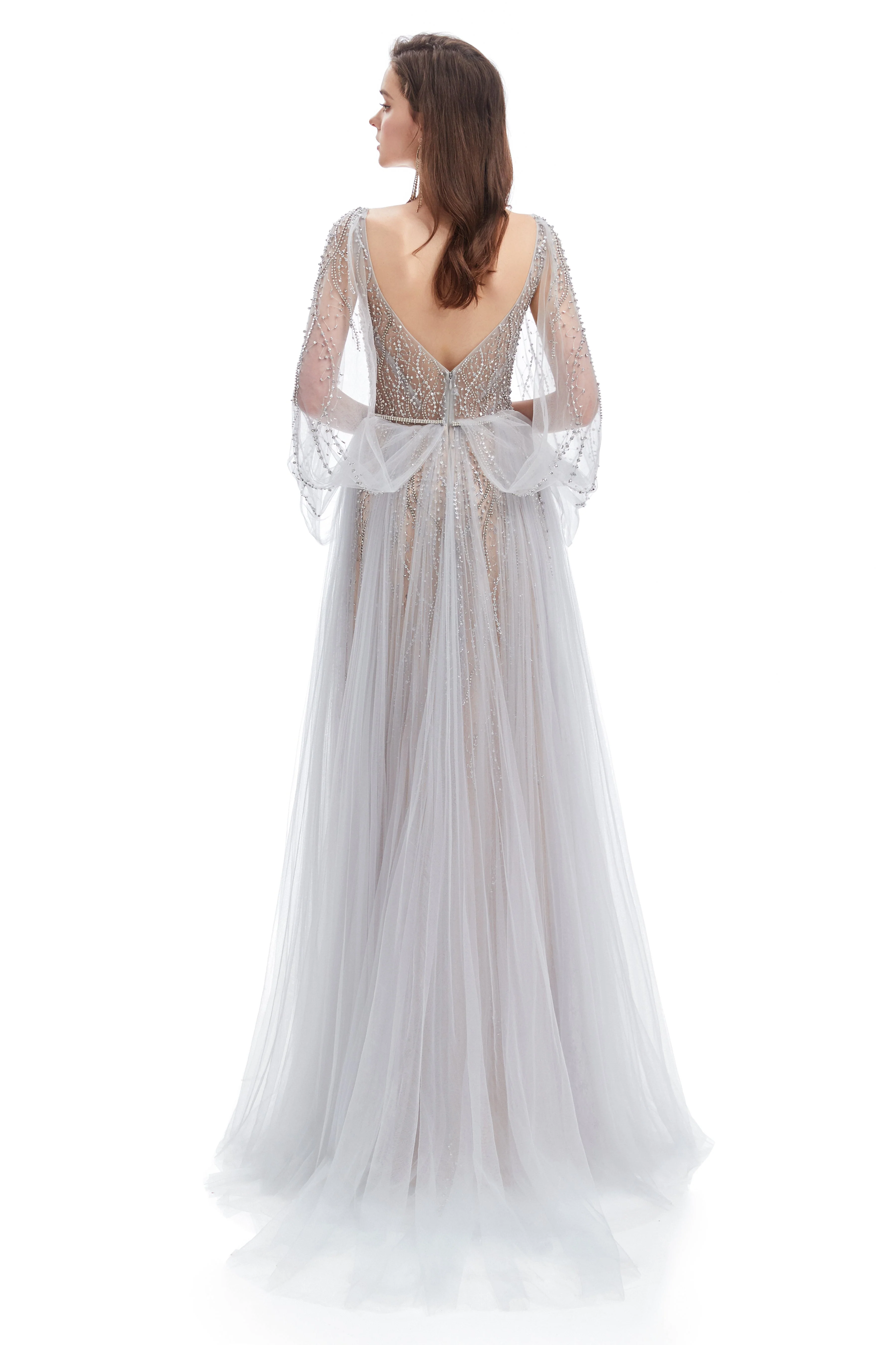 A-line V-neck Sequined Floor-length Open Back Long Sleeve Appliques Lace Prom Dress - Image 2