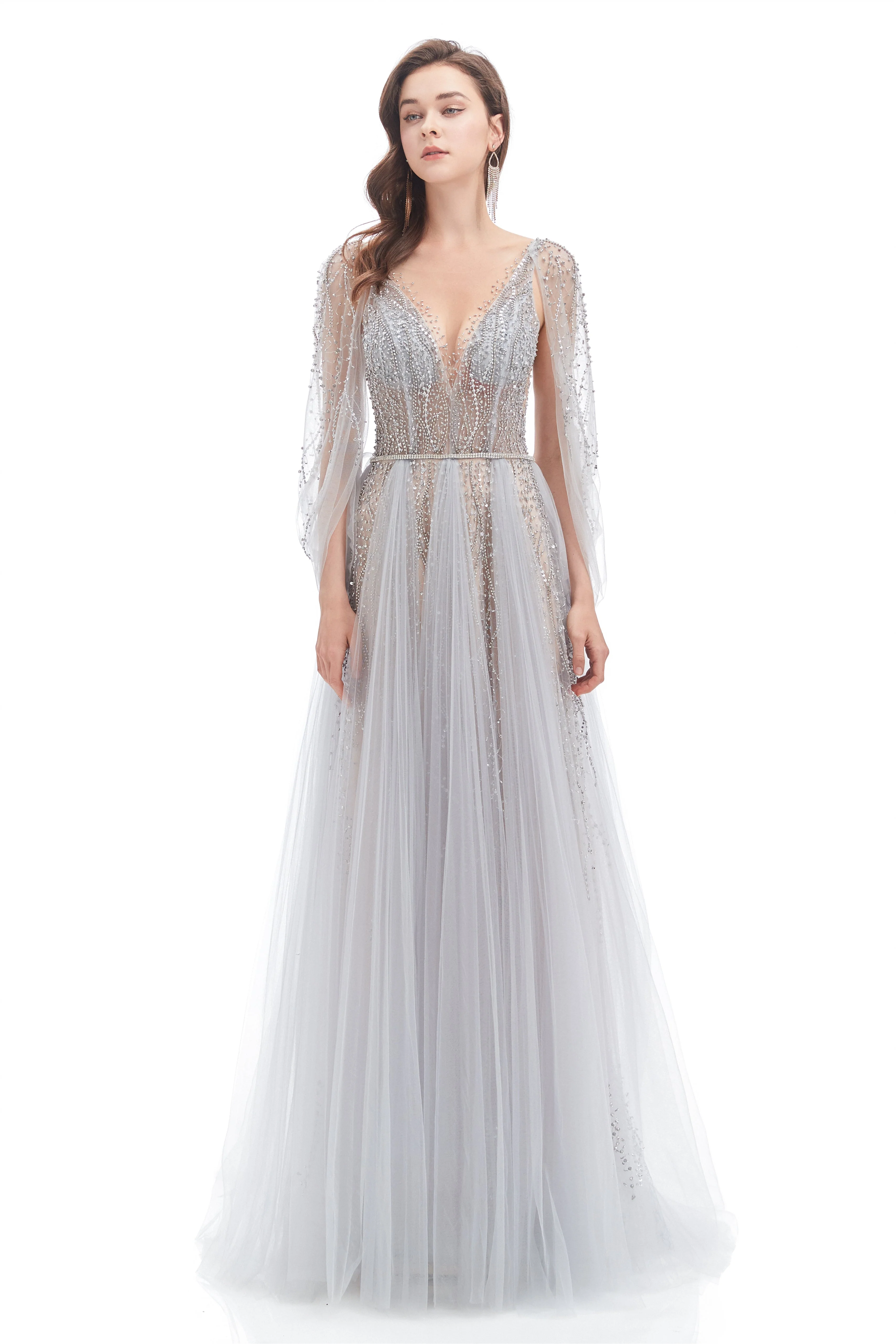 A-line V-neck Sequined Floor-length Open Back Long Sleeve Appliques Lace Prom Dress - Image 3