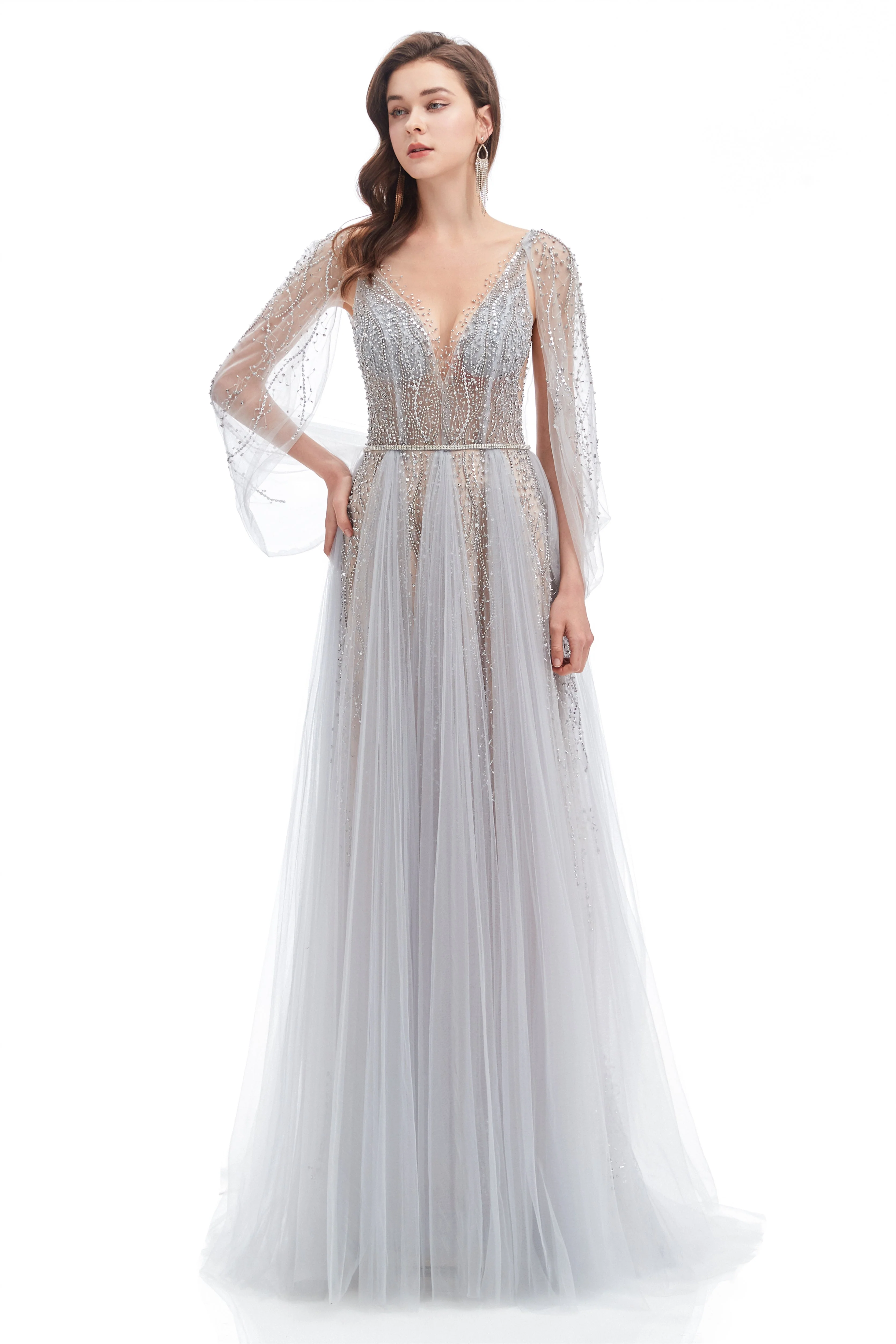 A-line V-neck Sequined Floor-length Open Back Long Sleeve Appliques Lace Prom Dress - Image 4