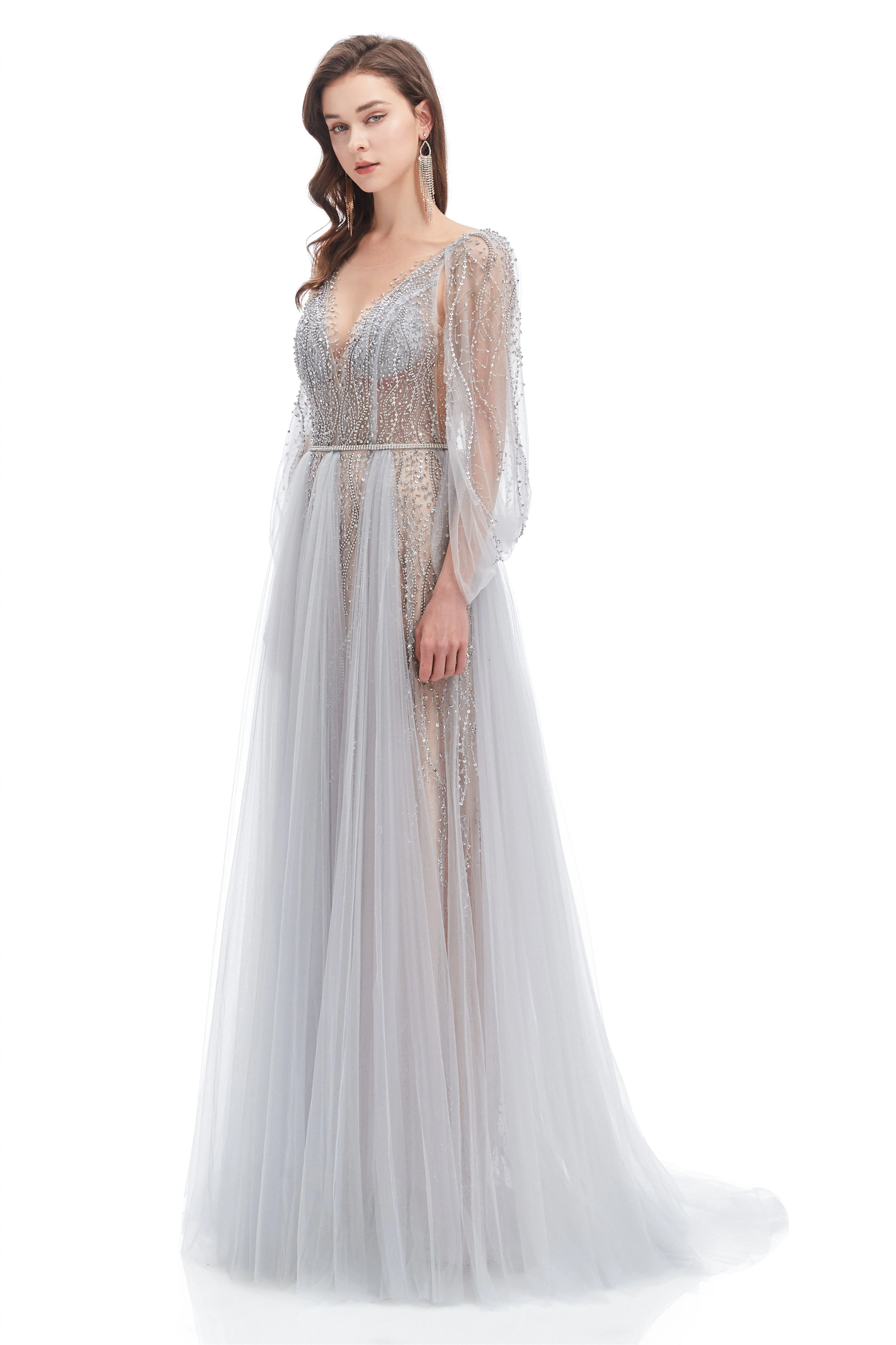 A-line V-neck Sequined Floor-length Open Back Long Sleeve Appliques Lace Prom Dress - Image 5