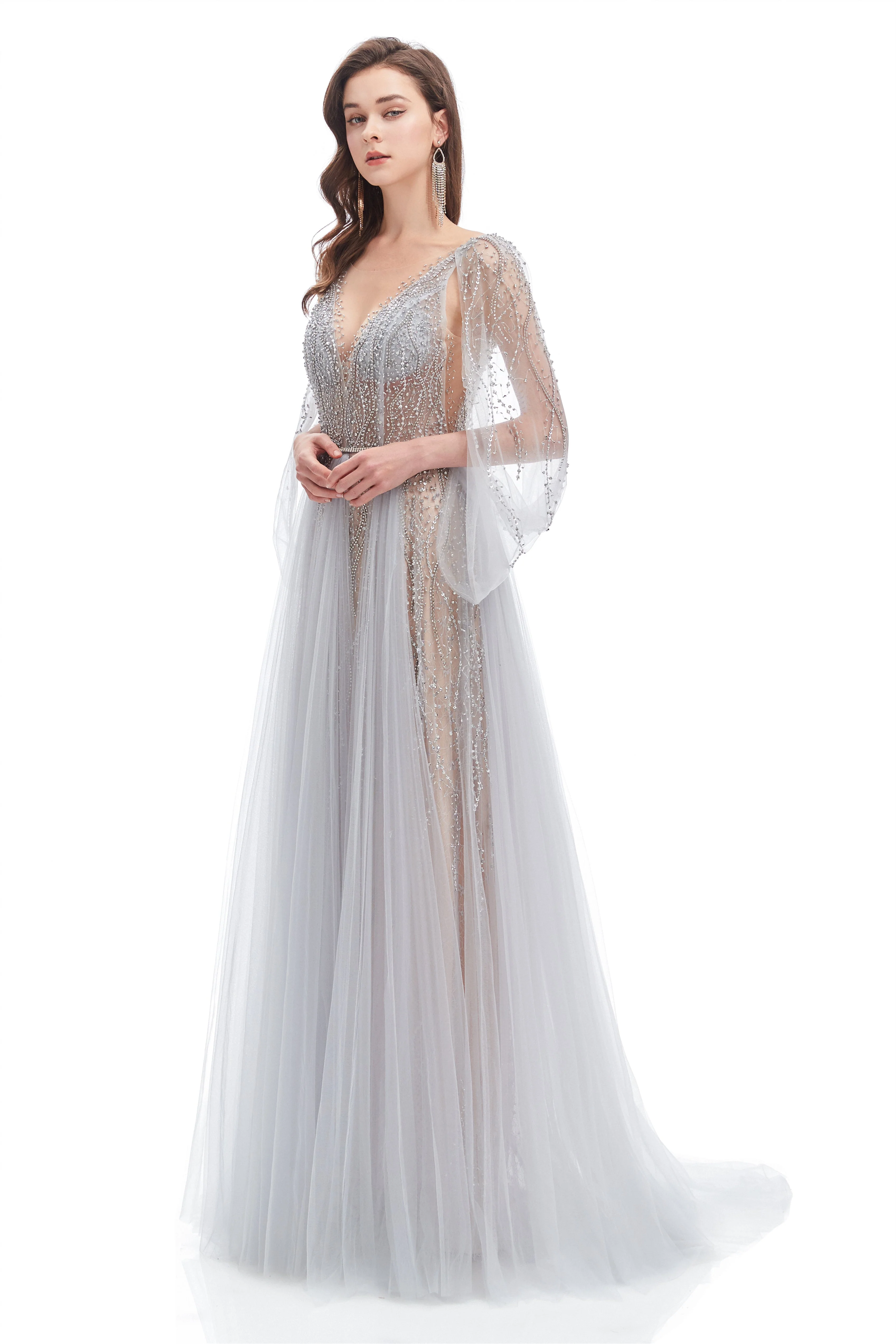 A-line V-neck Sequined Floor-length Open Back Long Sleeve Appliques Lace Prom Dress - Image 6