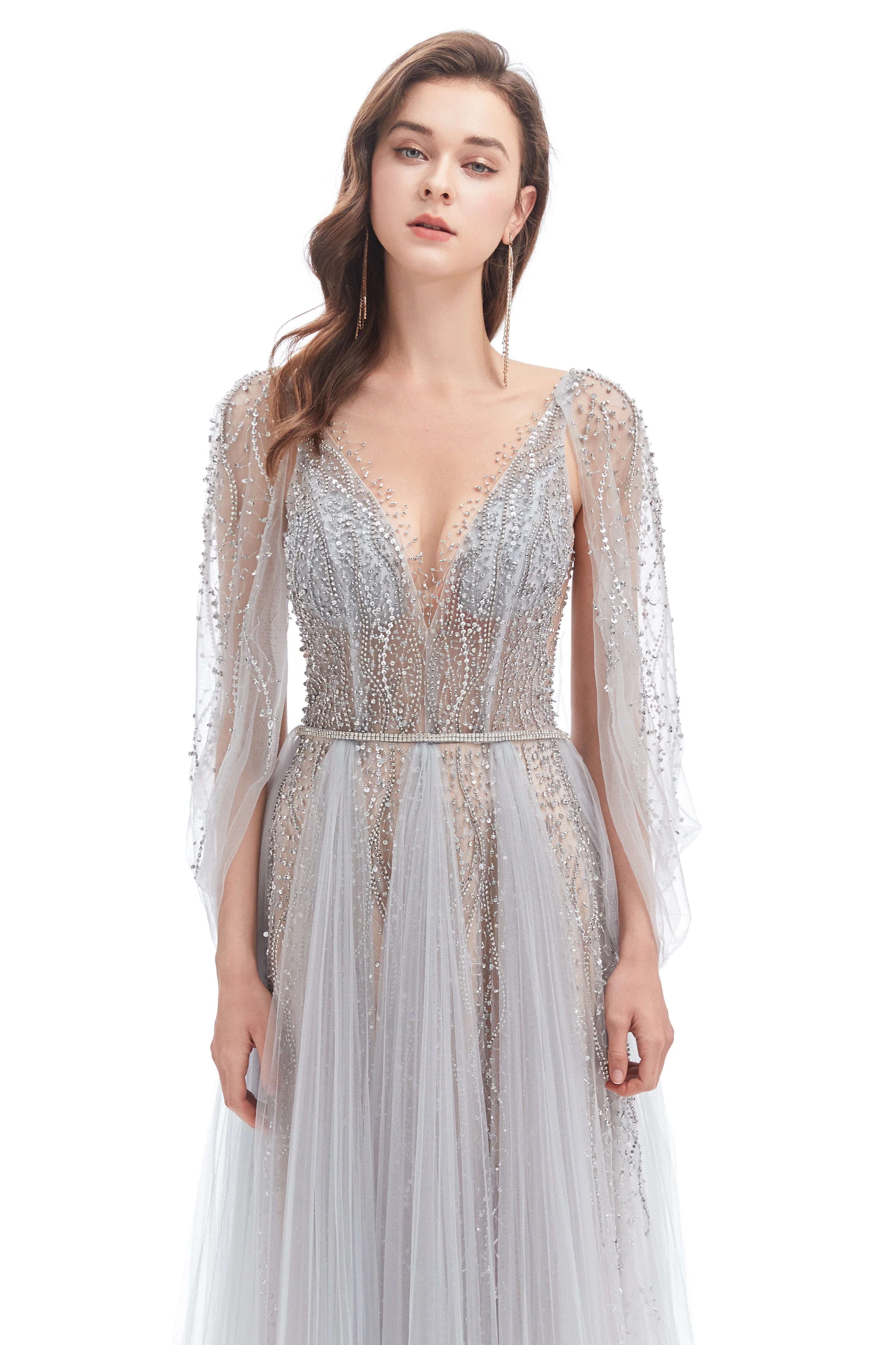 A-line V-neck Sequined Floor-length Open Back Long Sleeve Appliques Lace Prom Dress - Image 7