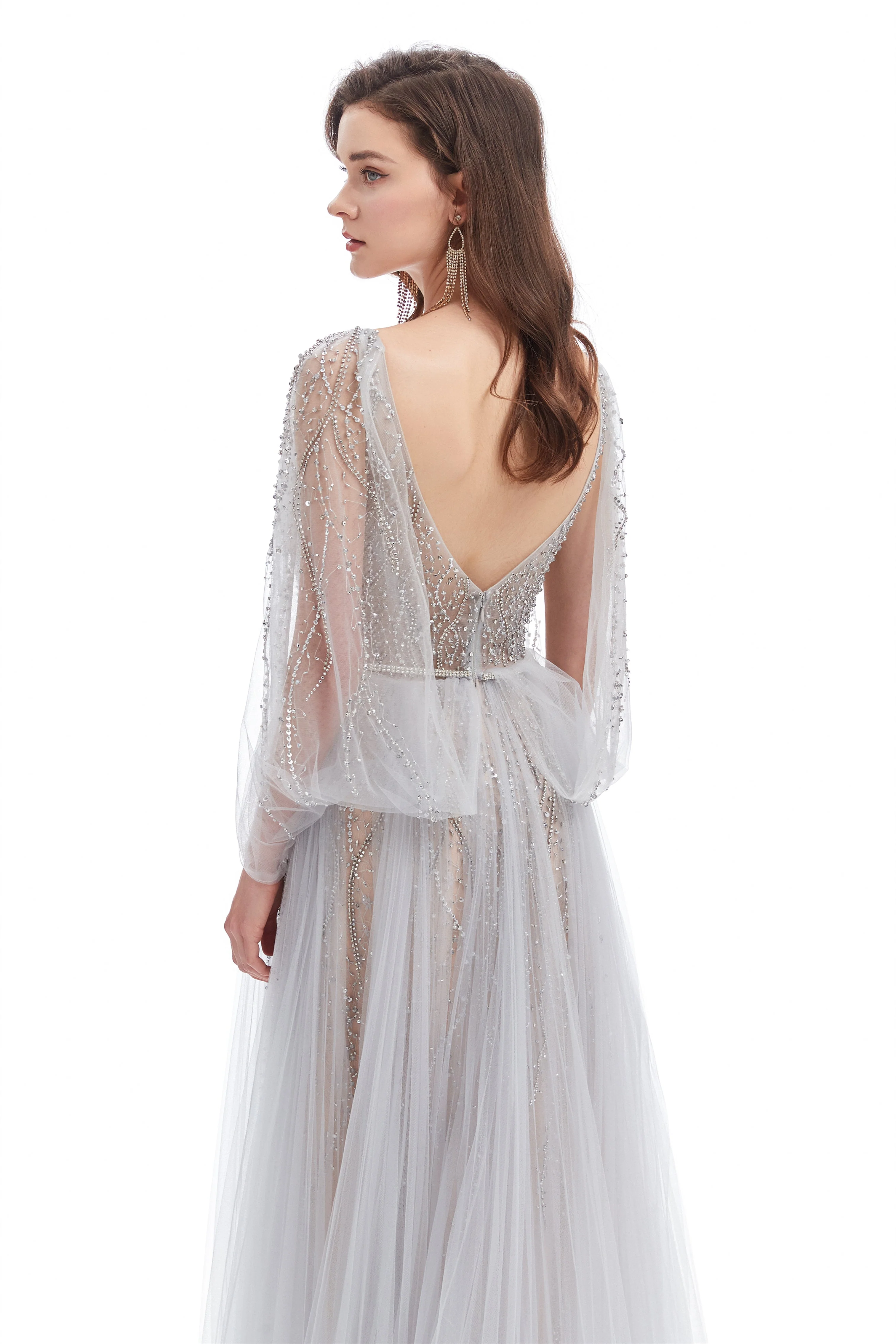 A-line V-neck Sequined Floor-length Open Back Long Sleeve Appliques Lace Prom Dress - Image 8