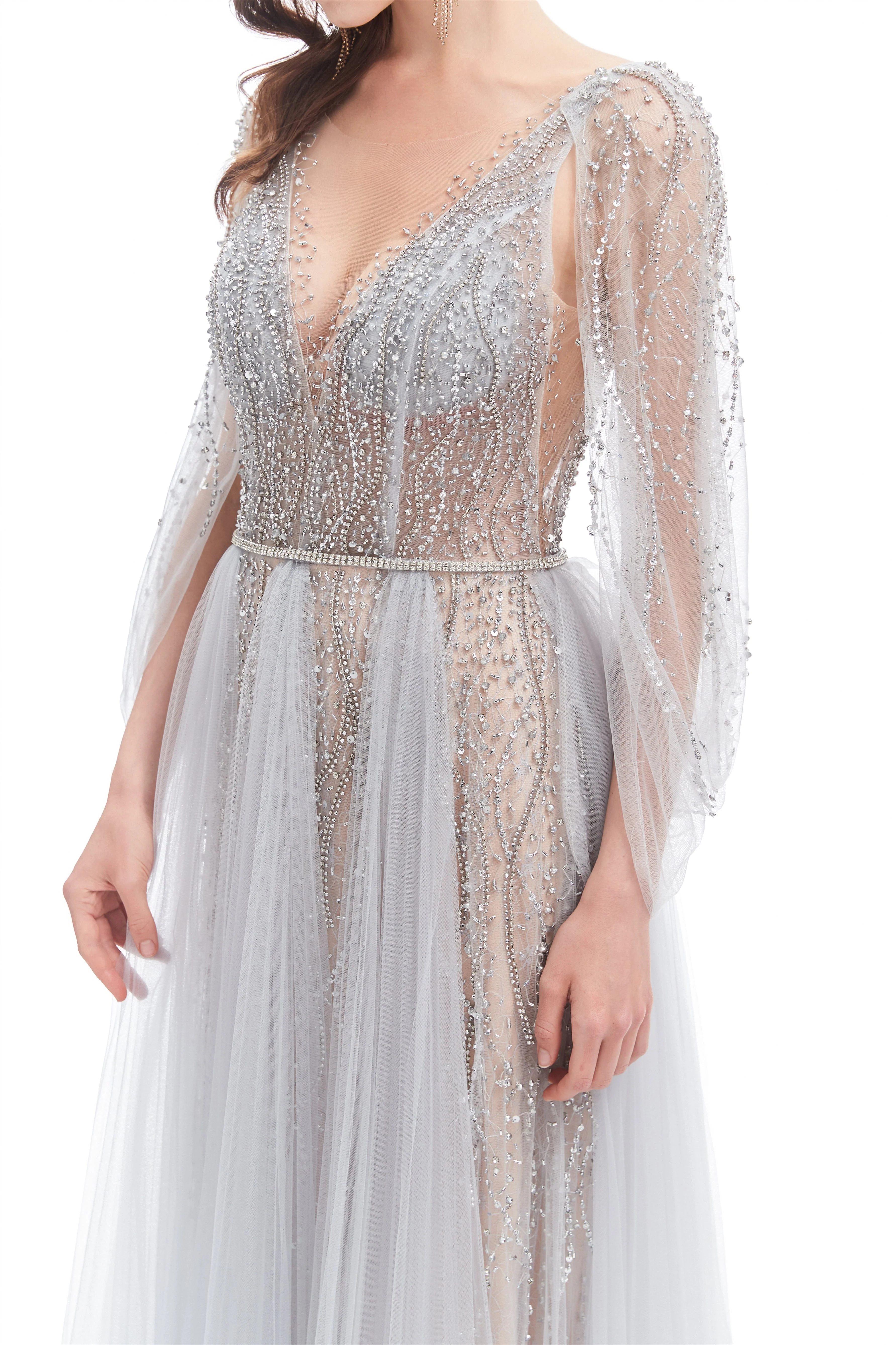 A-line V-neck Sequined Floor-length Open Back Long Sleeve Appliques Lace Prom Dress - Image 9