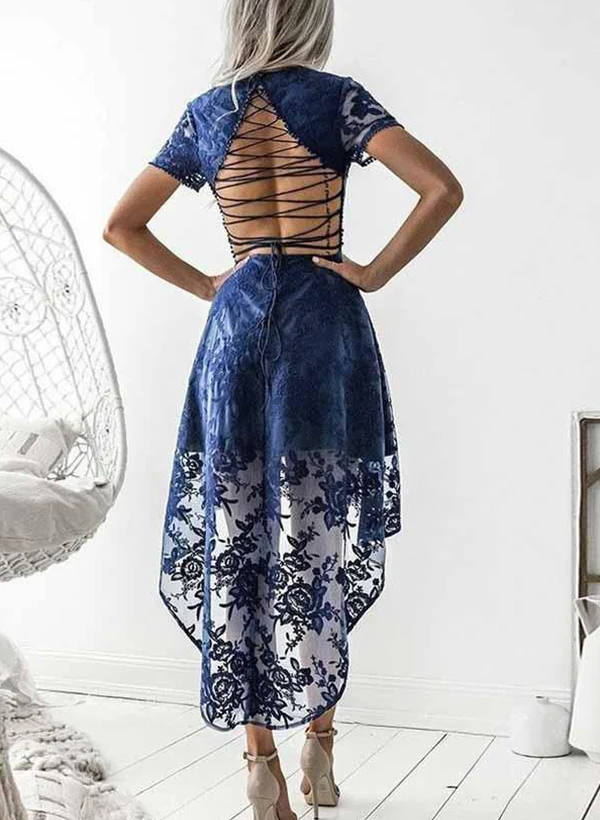 A-Line V-Neck Short Sleeves Asymmetrical Lace Homecoming Dresses - Image 4