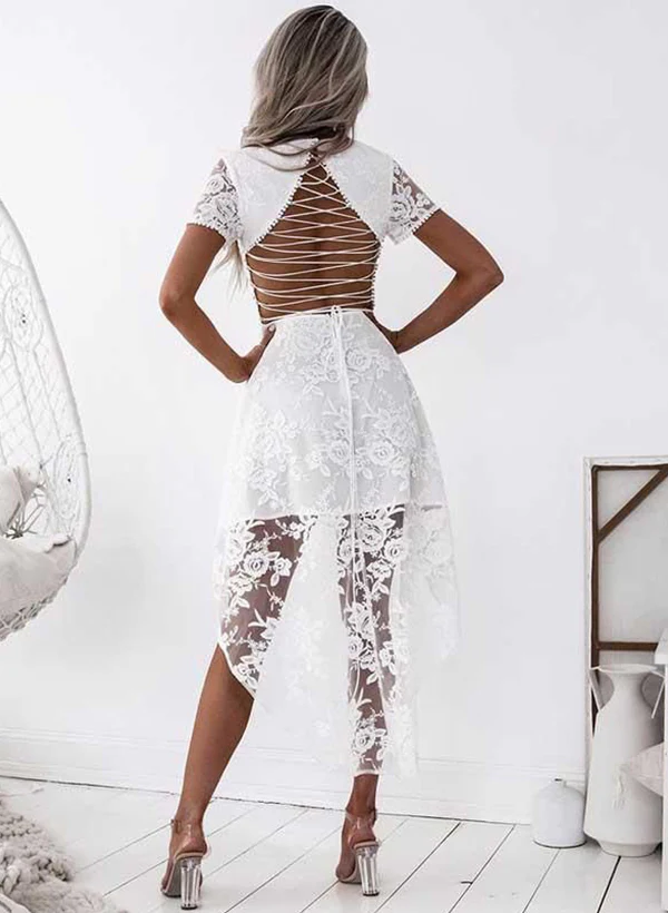A-Line V-Neck Short Sleeves Asymmetrical Lace Homecoming Dresses - Image 5