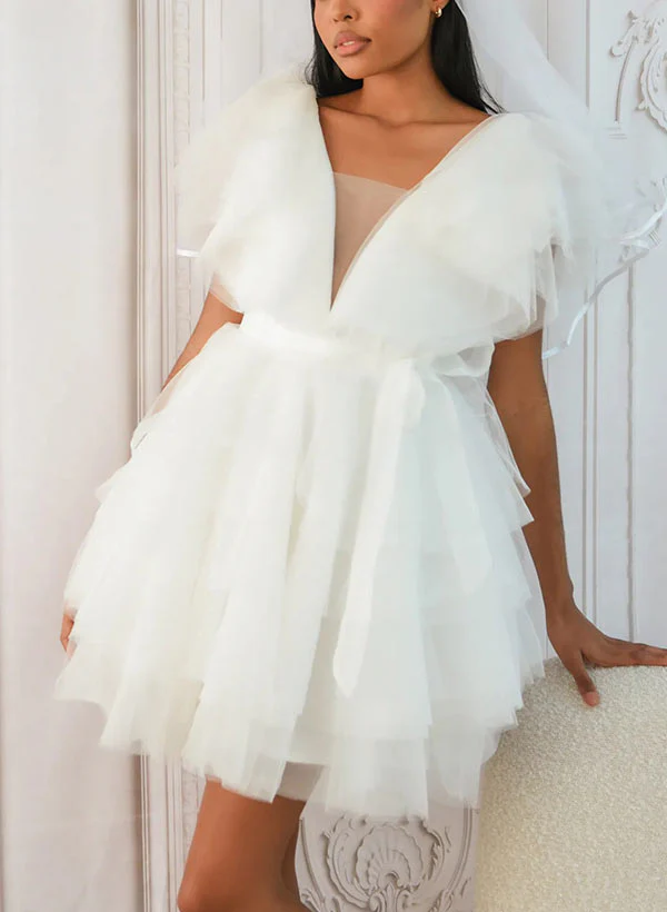 A-Line V-neck Short Sleeves Short/Mini Tulle Homecoming Dresses - Image 2