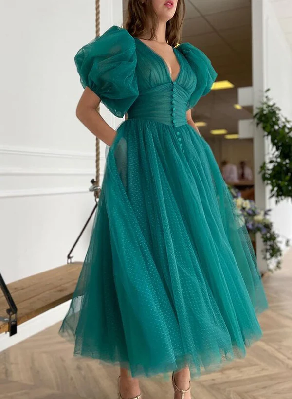 A-Line V-Neck Short Sleeves Tea-Length Tulle Homecoming Dresses - Image 2