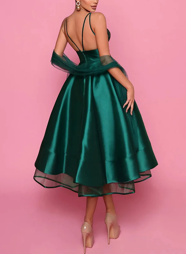 A-Line V-Neck Sleeveless Satin/Tulle Homecoming Dresses With Pockets - Image 2