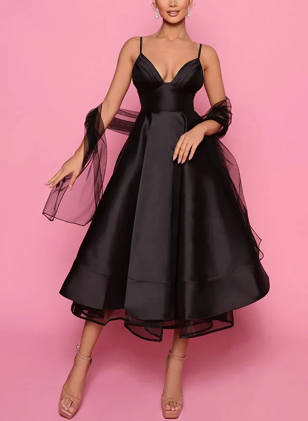A-Line V-Neck Sleeveless Satin/Tulle Homecoming Dresses With Pockets - Image 3