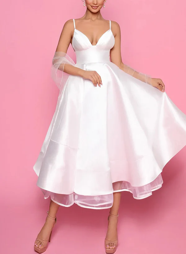 A-Line V-Neck Sleeveless Satin/Tulle Homecoming Dresses With Pockets - Image 5