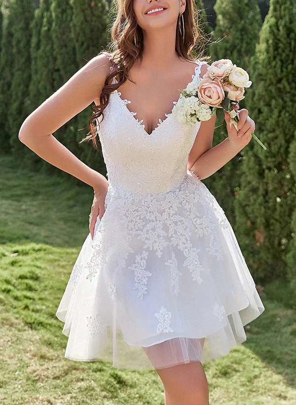 A-Line V-Neck Sleeveless Short Homecoming Dresses With Appliques Lace - Image 3