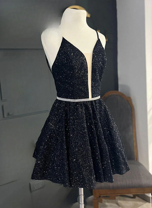 A-Line V-neck Sleeveless Short/Mini Sequined Homecoming Dresses - Image 2