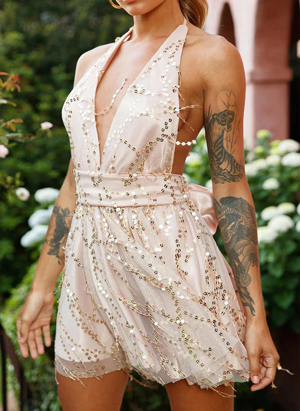 A-Line V-Neck Sleeveless Short/Mini Sequined Homecoming Dresses With Bow(s) - Image 4