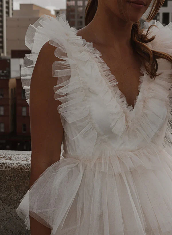 A-Line V-Neck Sleeveless Short/Mini Tulle Homecoming Dresses - Image 3