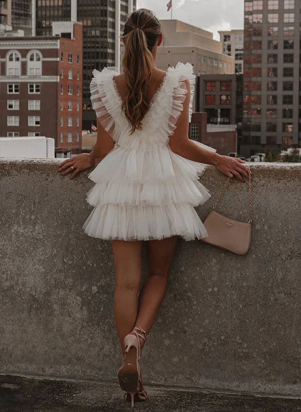A-Line V-Neck Sleeveless Short/Mini Tulle Homecoming Dresses - Image 4
