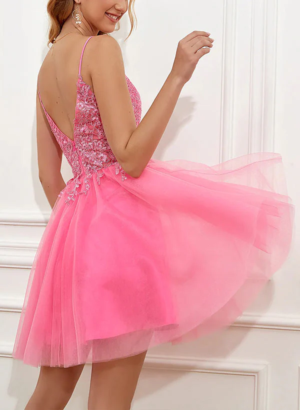A-Line V-neck Sleeveless Short/Mini Tulle Homecoming Dresses With Appliques Lace - Image 2