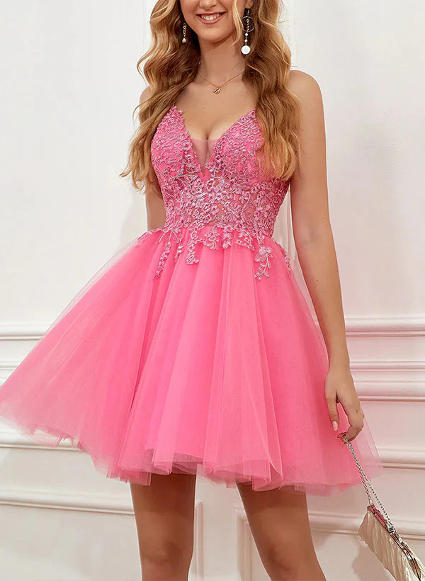 A-Line V-neck Sleeveless Short/Mini Tulle Homecoming Dresses With Appliques Lace - Image 3